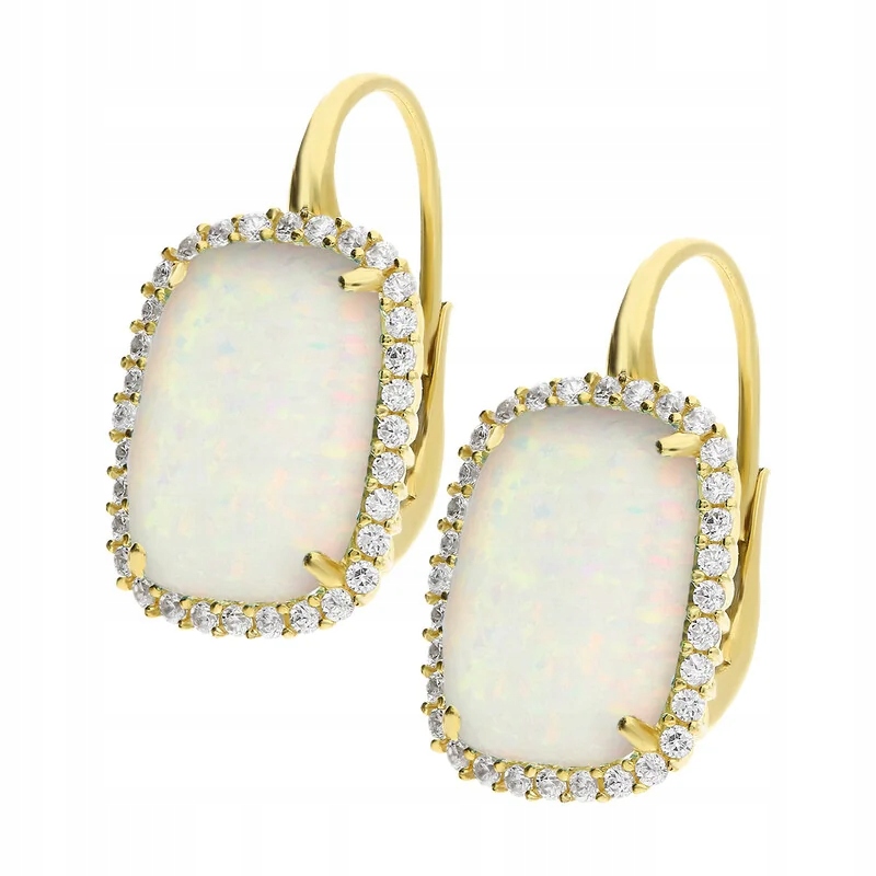 Dámské náušnice ze zlata 585, elegantní obdélníky s opálem a zirkony 6.39 g