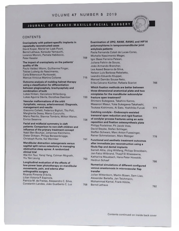 JOURNAL OF CRANIO MAXILLO FACIAL SURGERY NR 5/2019 VOLUME 47 Wydawnictwo Elsevier