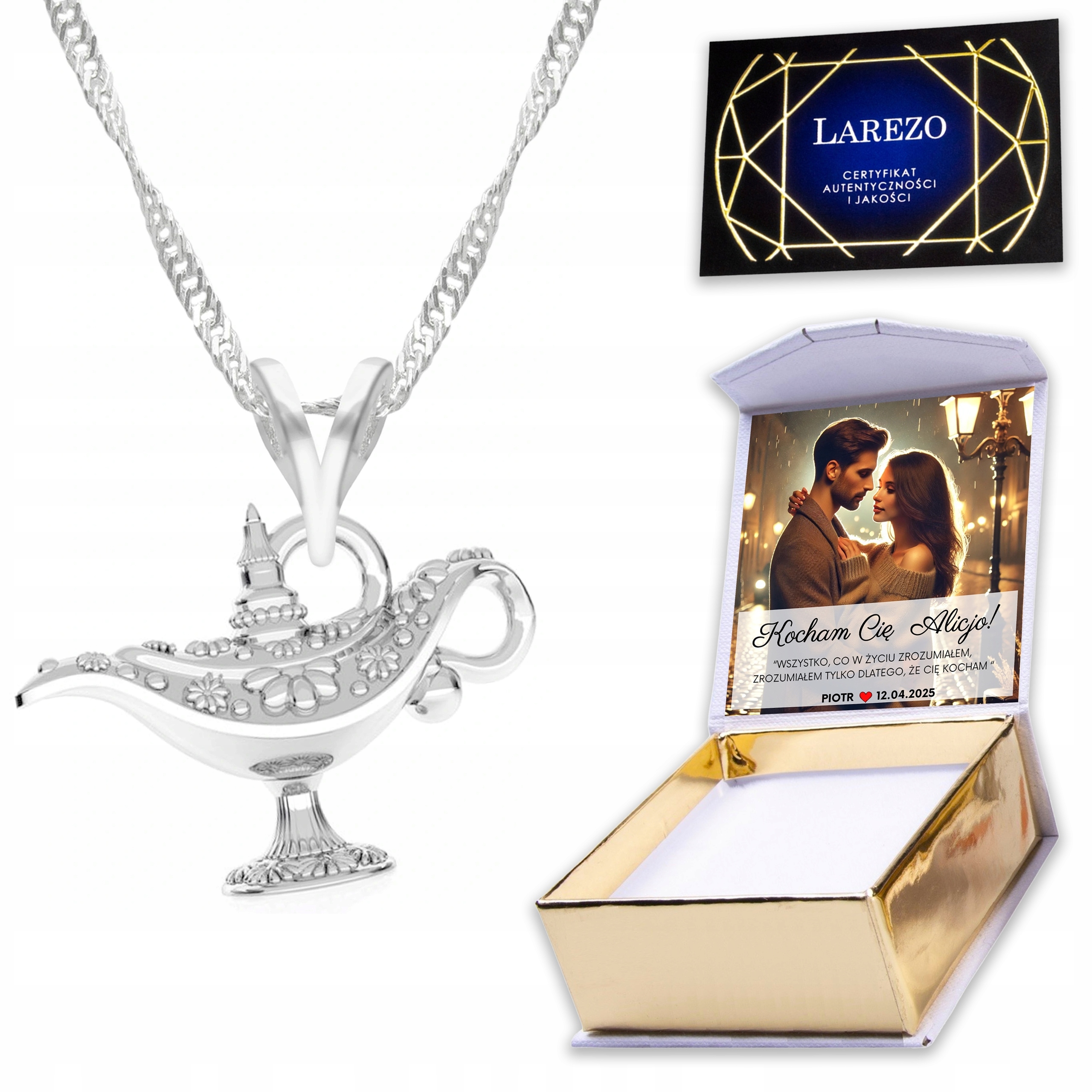 Stříbrný náhrdelník 925 Lampa Aladina Čaroděj Elf Duch Lampička Potisk