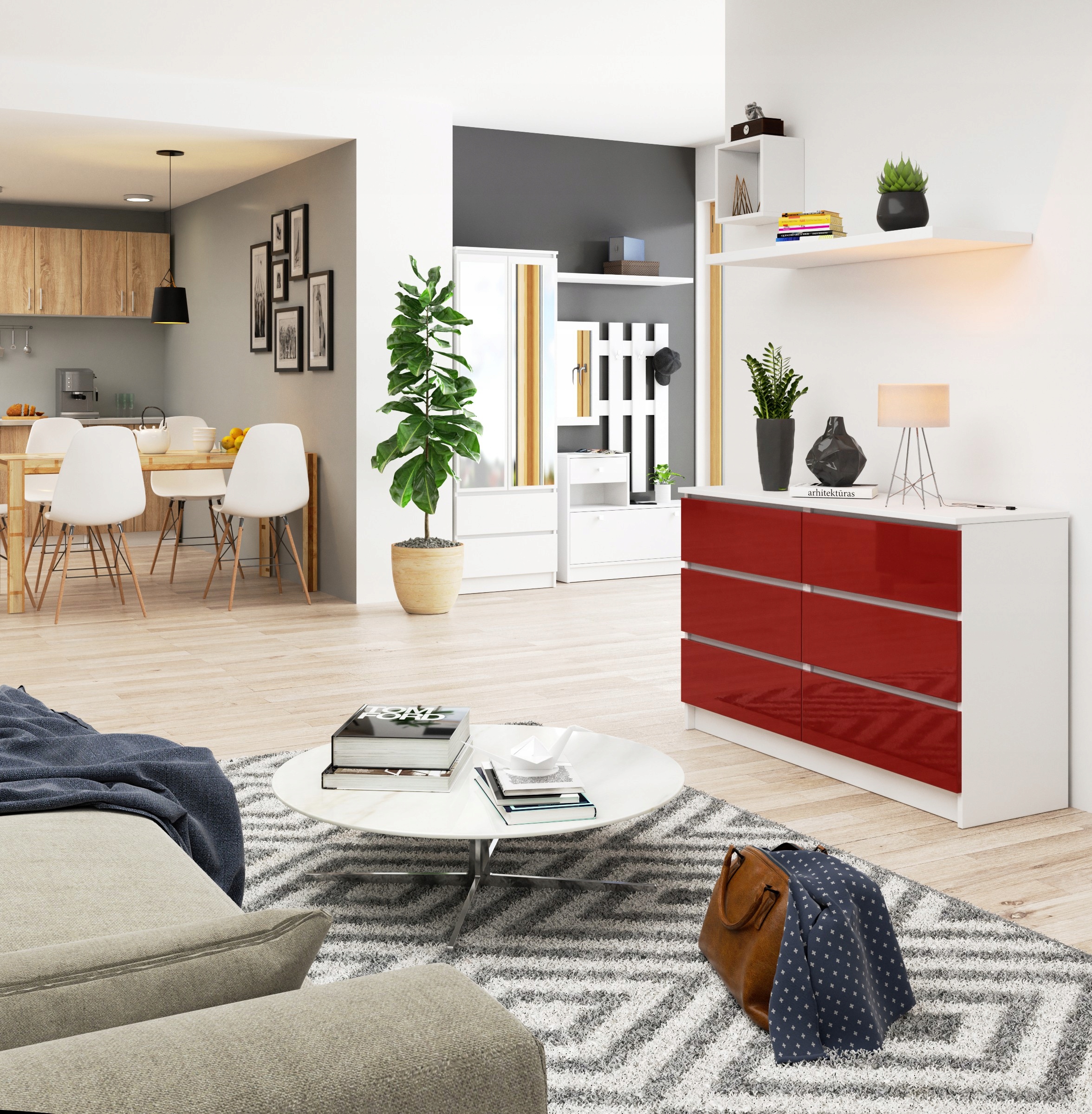 KOMODA SZAFKA BIAŁA-CZERWONA POŁYSK SZUFLADY MEBLE Kod producenta DUŻA KOMODA WYSOKI POŁYSK BIEL CZERWONA