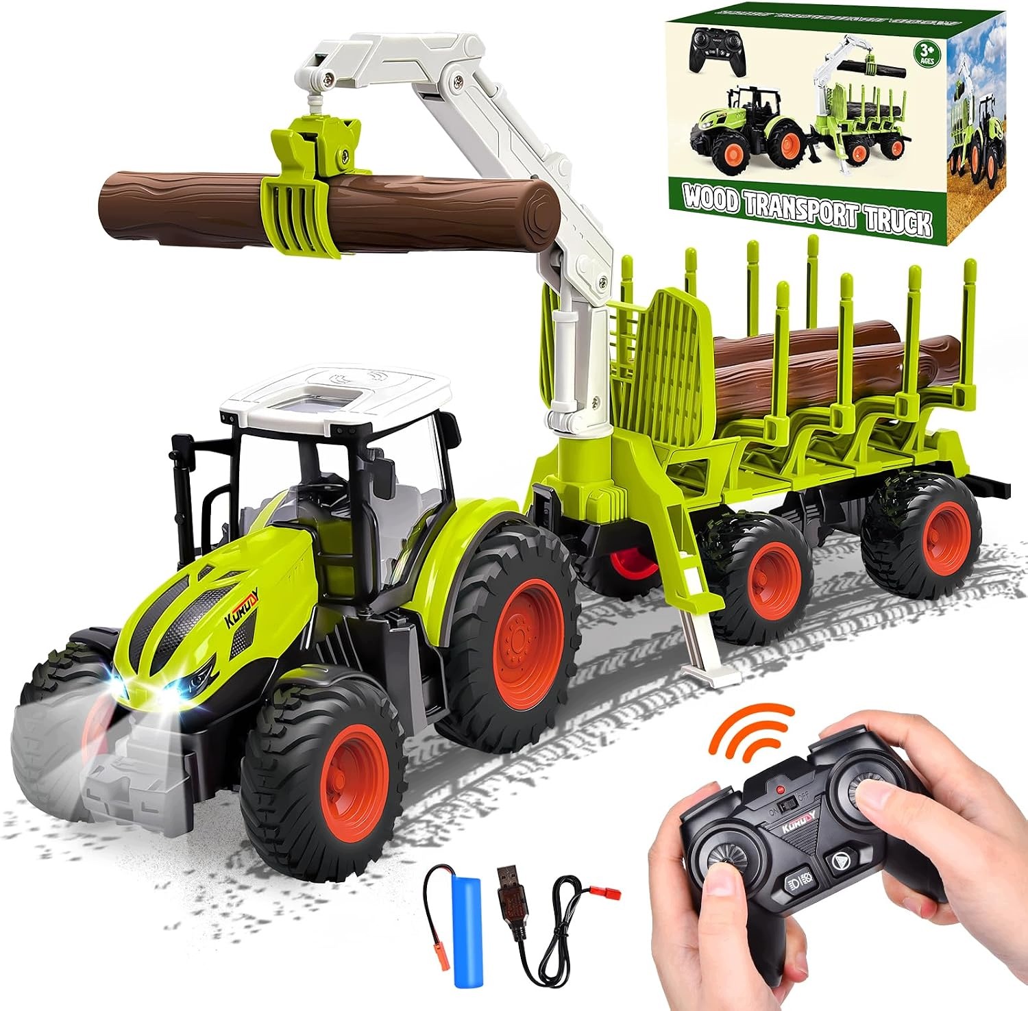 Zdalnie sterowany traktor rolniczy z przyczepą, zielony, 10 x 6 x 3 cm