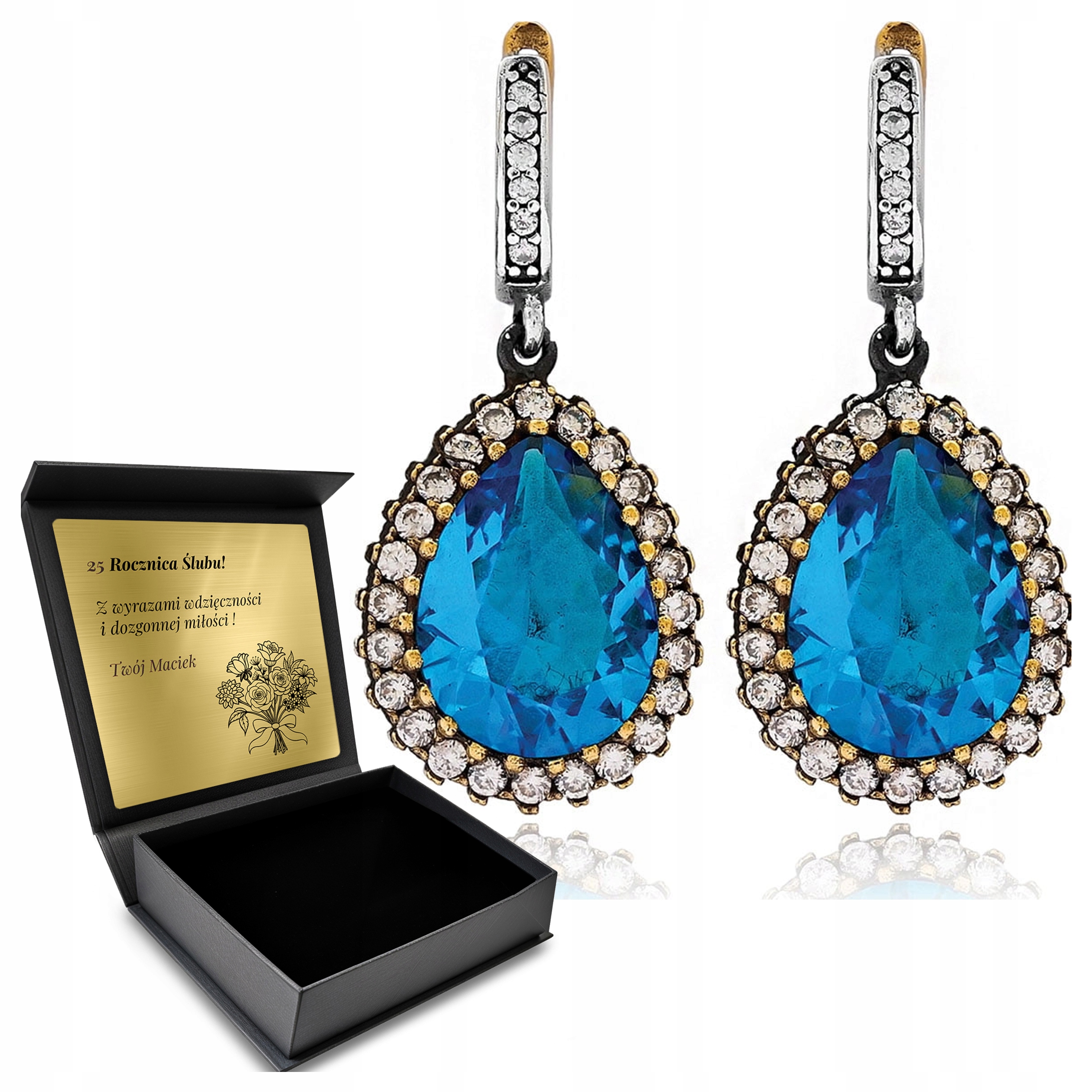 Stříbrné Koczyli 925 Se Zirkony A Modrým Topazem Gravírování Bonus