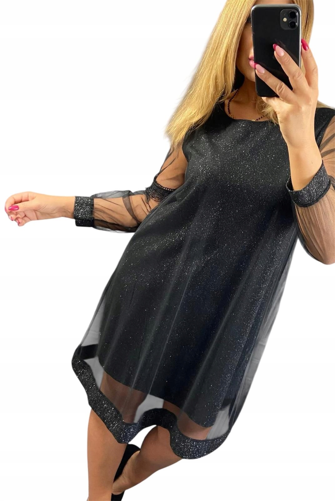 V556 Šaty Brokátová Hladká Rozevřená Černá vel. 46 (3XL)