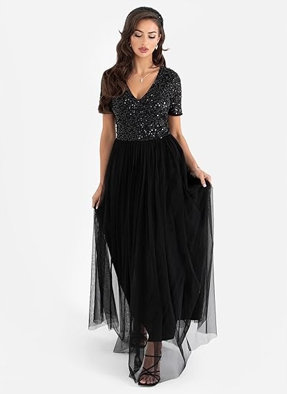 Zdobená Flitrová Tylová Koktejlová Šaty Maya Pro Nadýchané 48 4XL