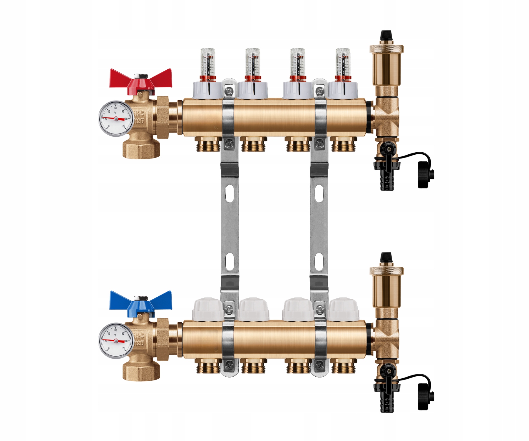 Rozdělovač Podlahy 4 Okruhy Úhlový Kulový Ventil Teploměr Pex