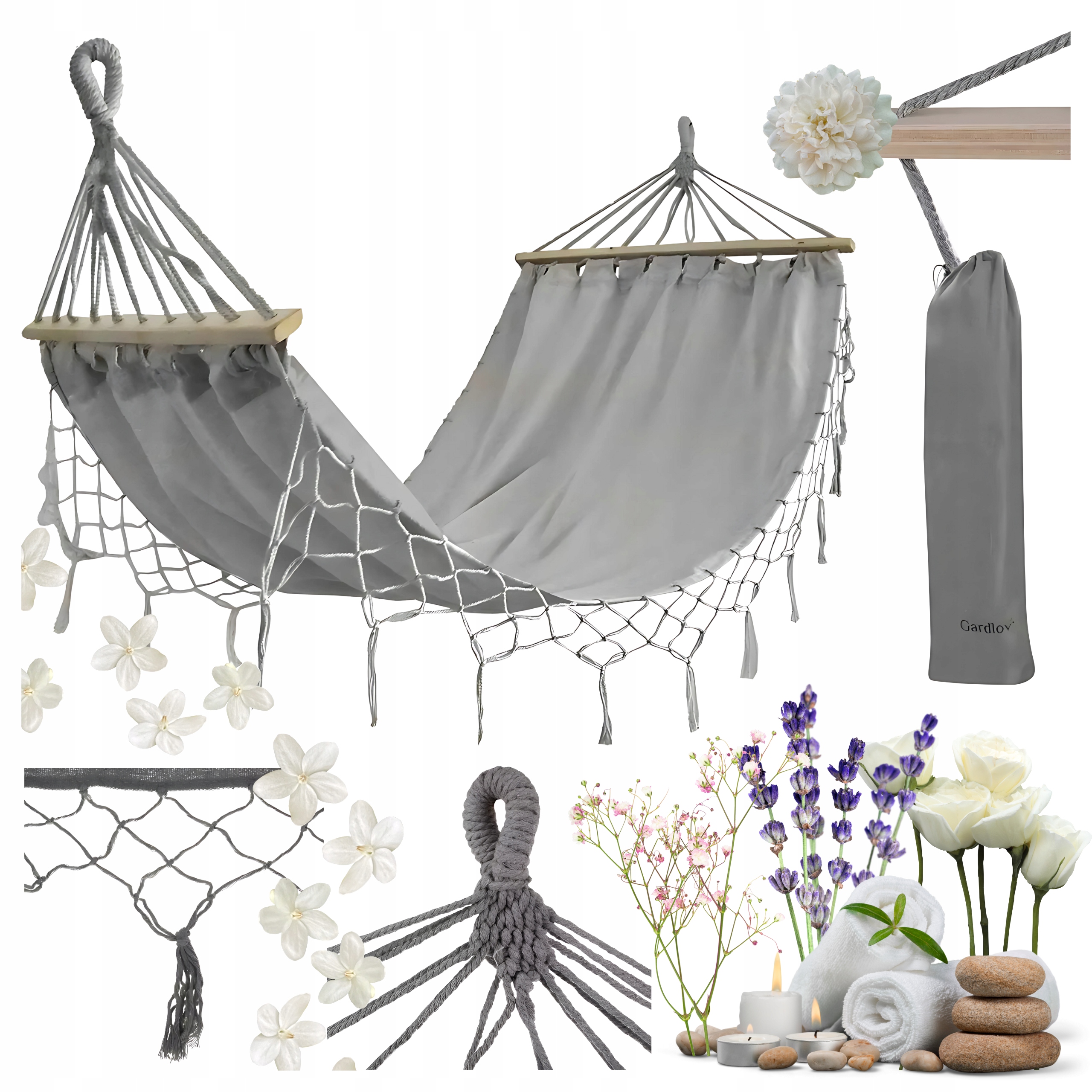 Hamak ogrodowy xxl dwuosobowy 250kg gardlov z drążkiem boho szary pokrowiec