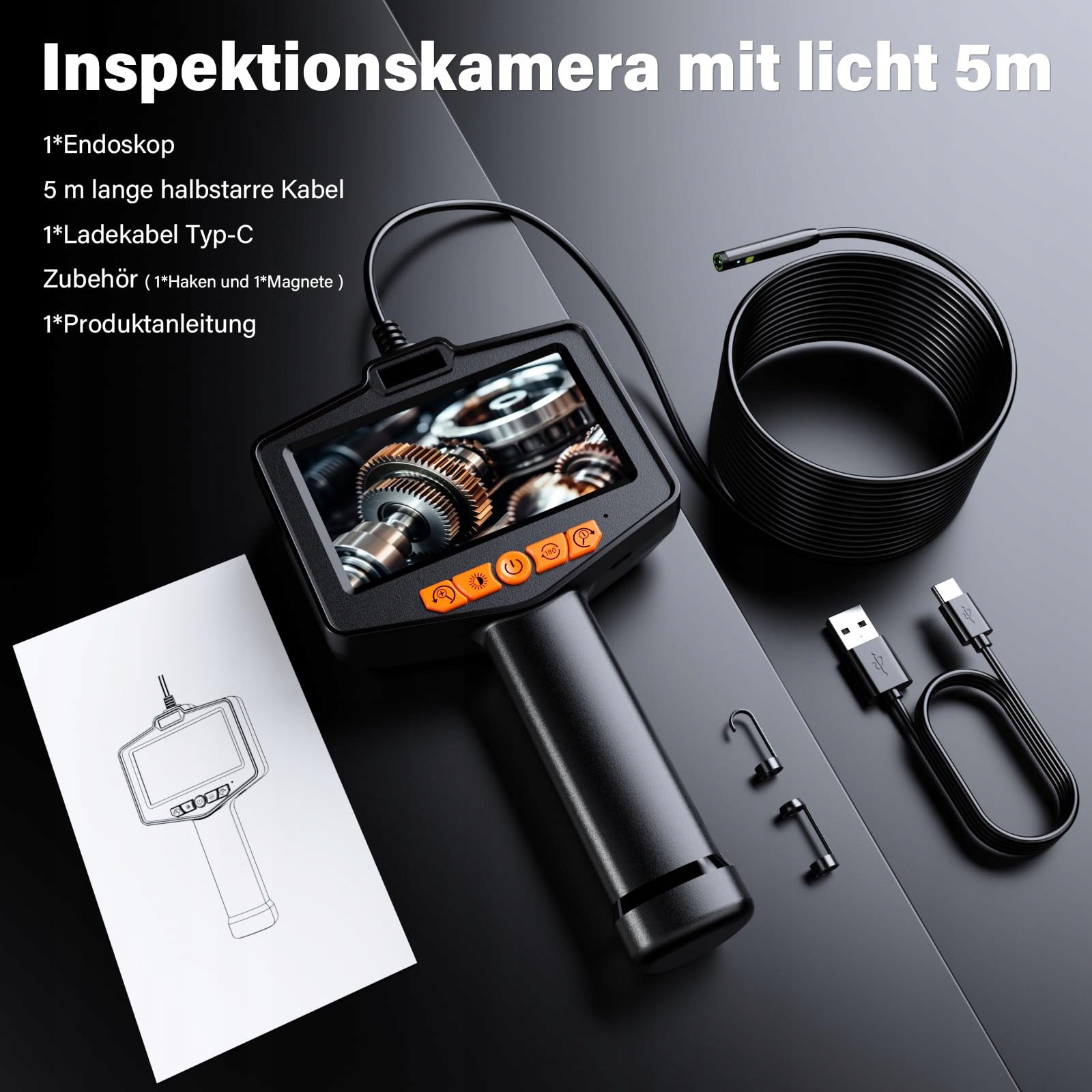 FINIBO Kamera Inspekcyjna 5m Dualna Soczewka 4.3 Calowy Ekran Wodoodporna — miniatura 6