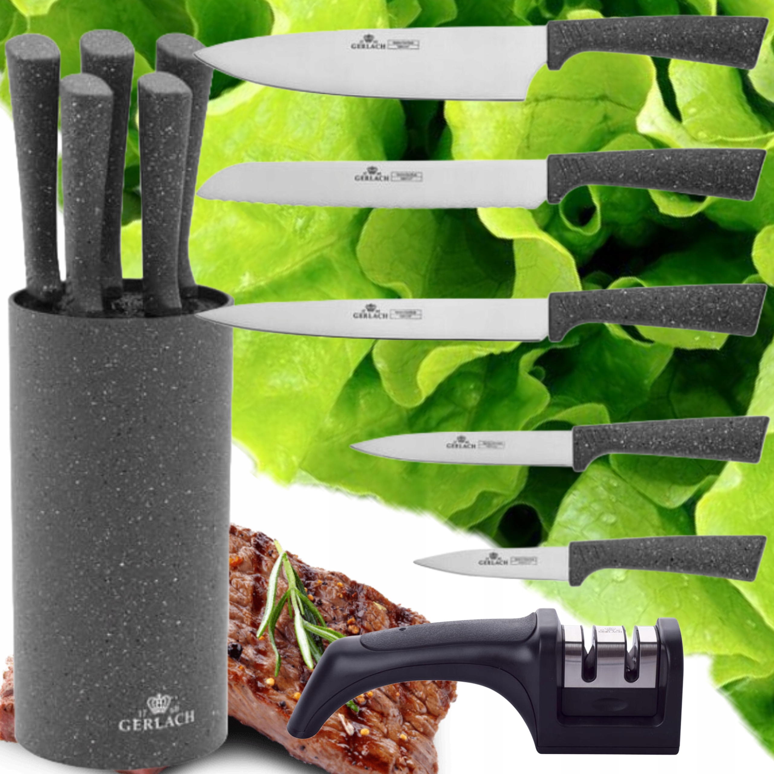 Gerlach Smart Sada 5 Nožů V Kulatém Bloku Nože Ostré Kuchyňské Brousky