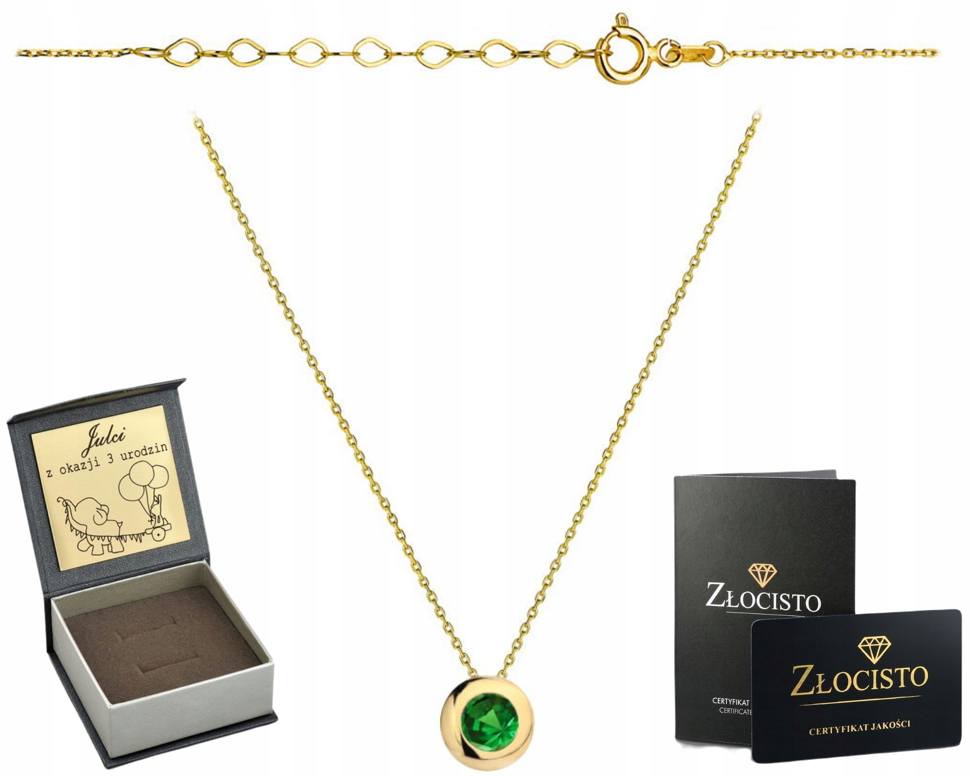 Zlatý Náhrdelník Se Zeleným Zirkonem 585 Gravírování