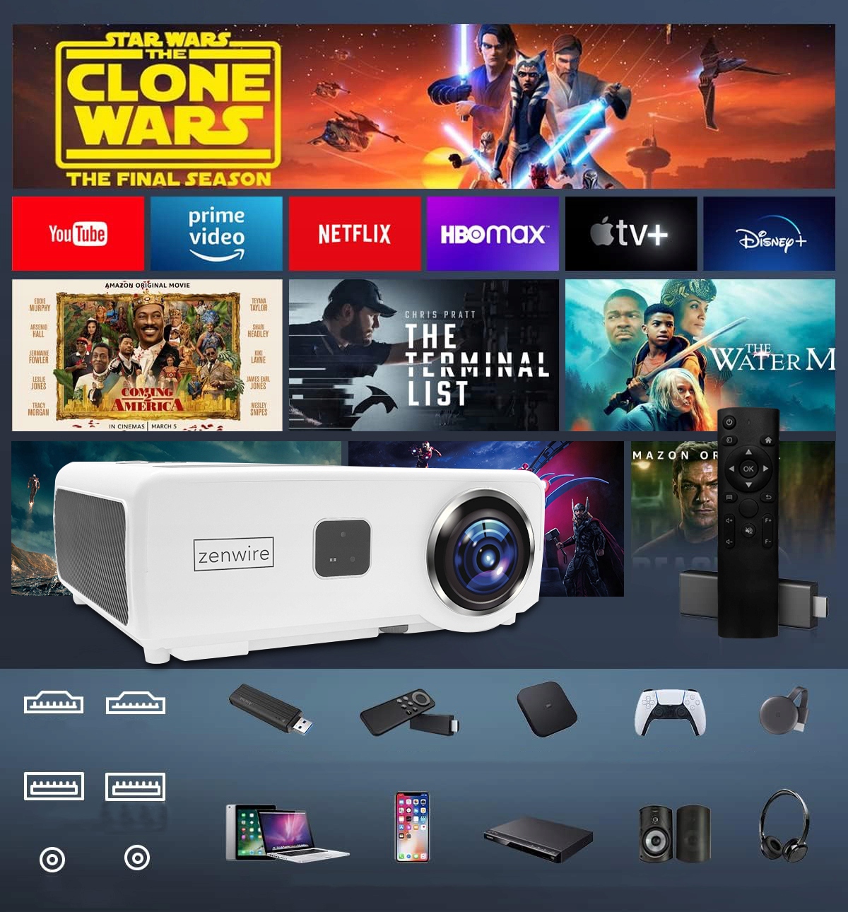 Rzutnik Projektor LED WiFi Android TV FULL HD 4K 24000lm 800 ansi Autofocus Wysokość produktu 11.8 cm