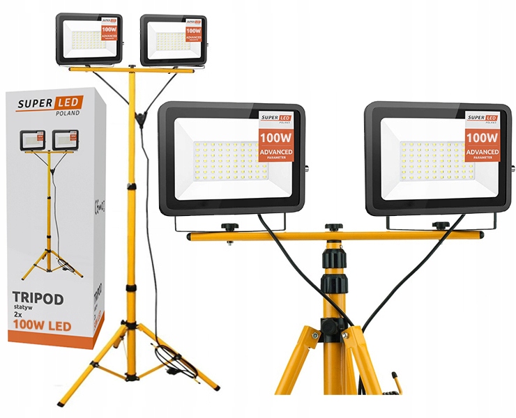 Halogen LED Statyw Naświetlacz Budowlany 2x 100W LED 22000 lm SuperLED