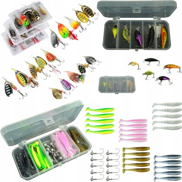 Zestaw na spinning 25 gum 10 główek 15 obrotówek+ 5x wobler Pudełka