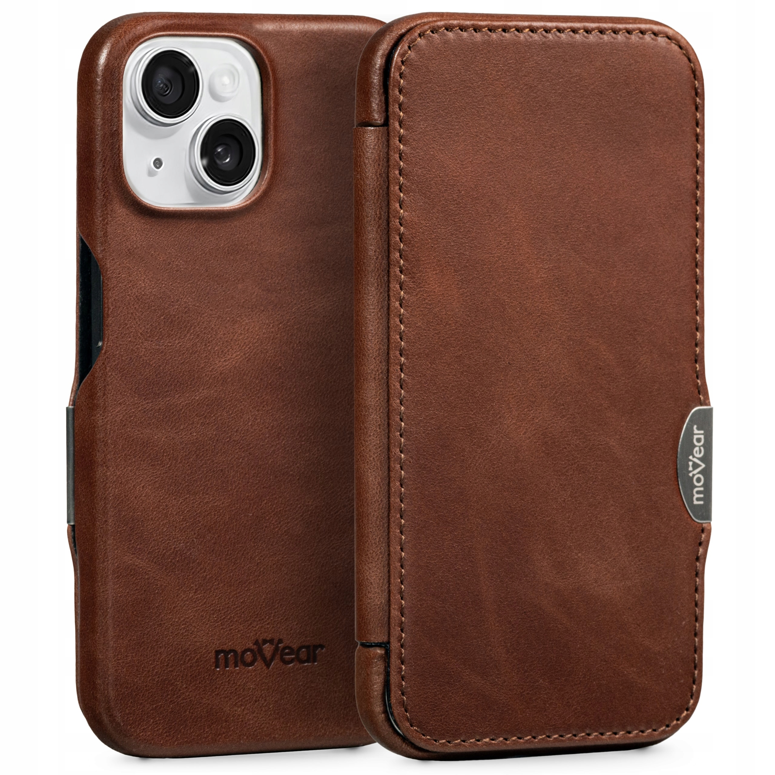 Pouzdro na iPhone 15 MagSafe kožené obal pro book case hnědé Movear