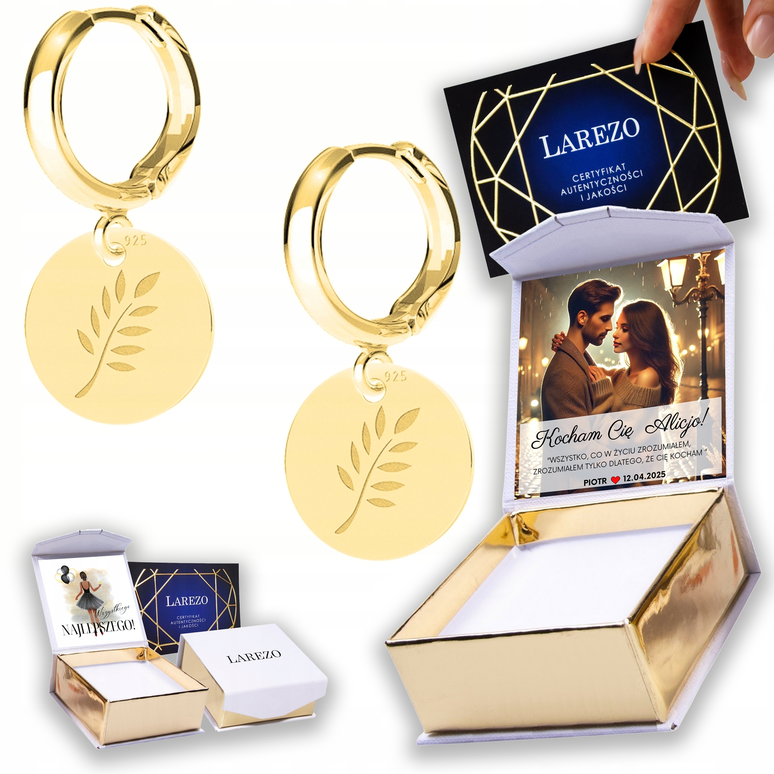 Zlaté Náušnice 925 Kulatý plech s větvičkami Větvička Pšenice Potisk