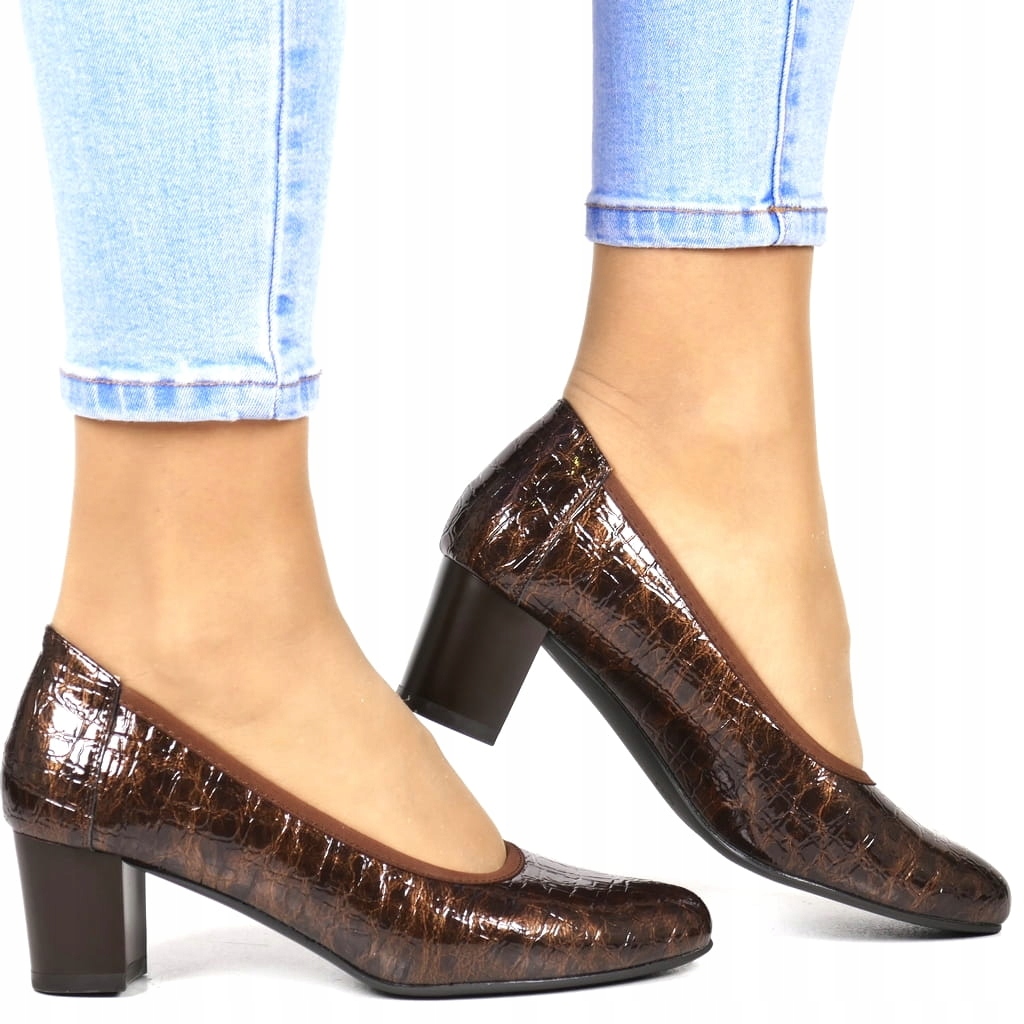 Lodičky Dámské Boty Na Podpatku Hnědé Elegantní Lak Hadí Kůže