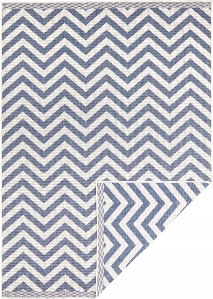 Koberec na terasu 160x230, modro krémový, obojstranný, plocho tkaný, šnúrkový