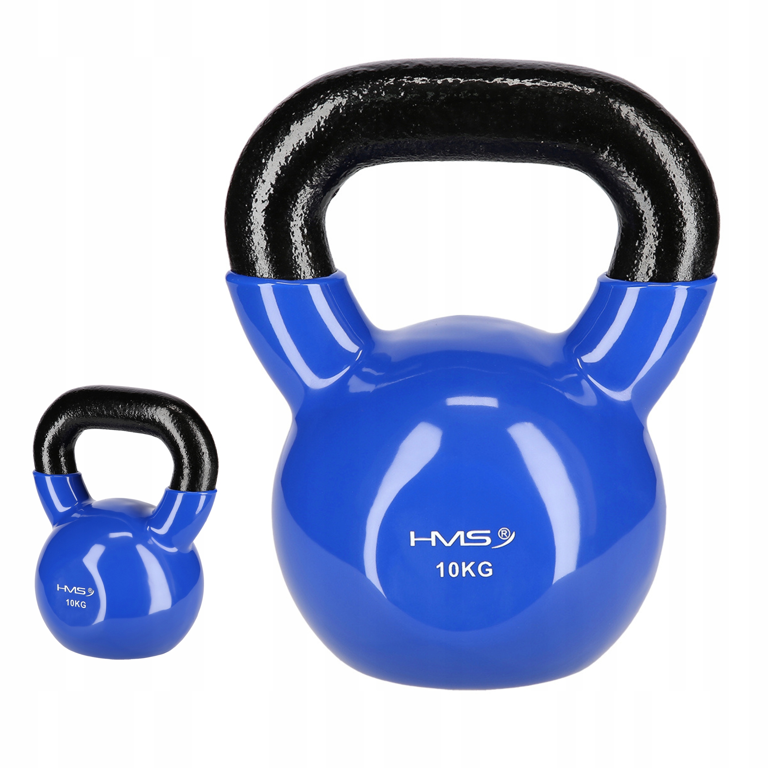 Kettlebell činka 10 kg litinová s rukojetí, vinylová, fitness, modrá Hms