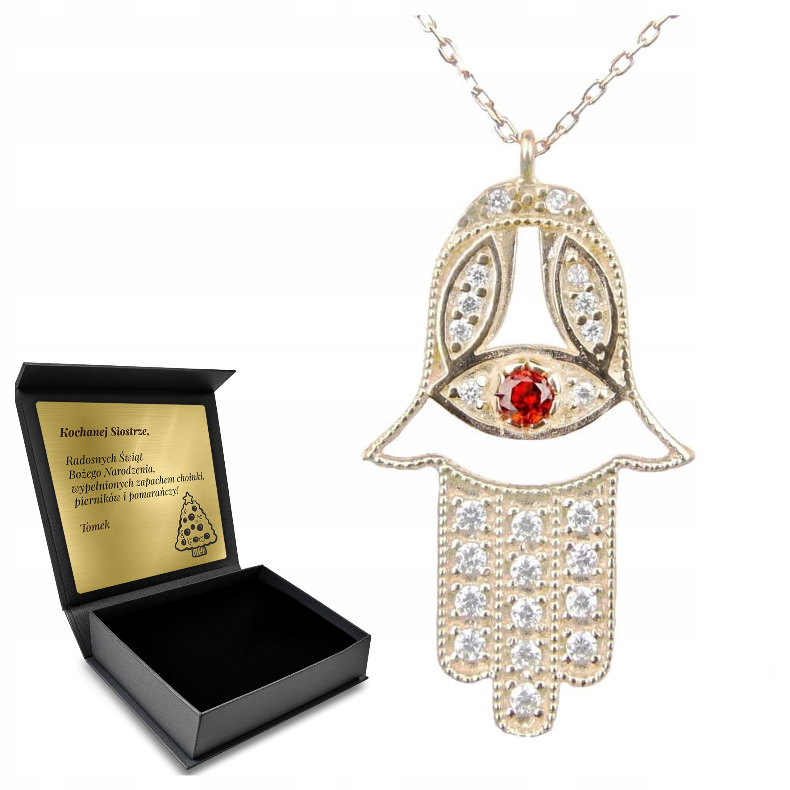 Řetízek Stříbrný náhrdelník Zlatá Ruka Fatimy Turecký amulet Krabička Gravírování