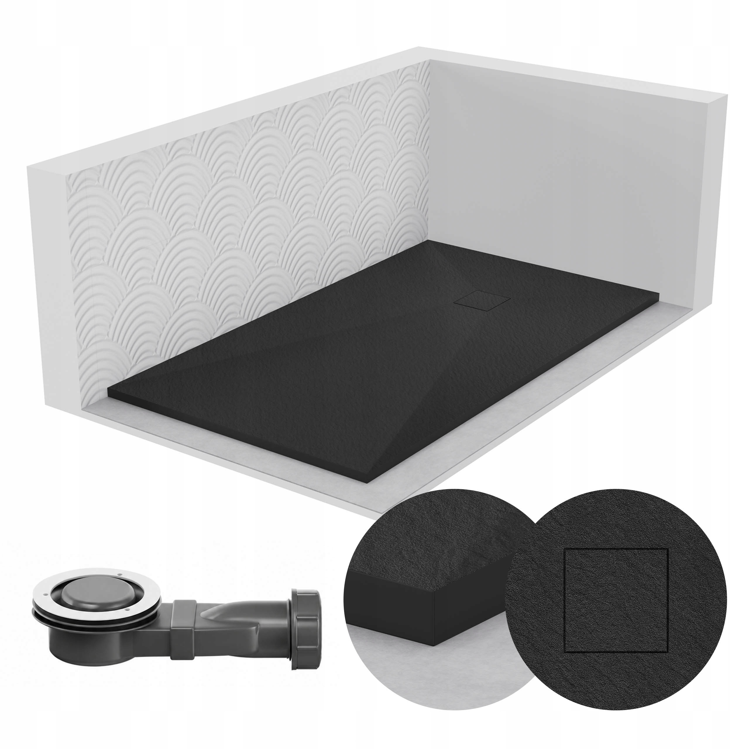 Sprchová Vanička Obdélníková 180x70 Kamenný Vzor 2,6 CM Černá Sifon