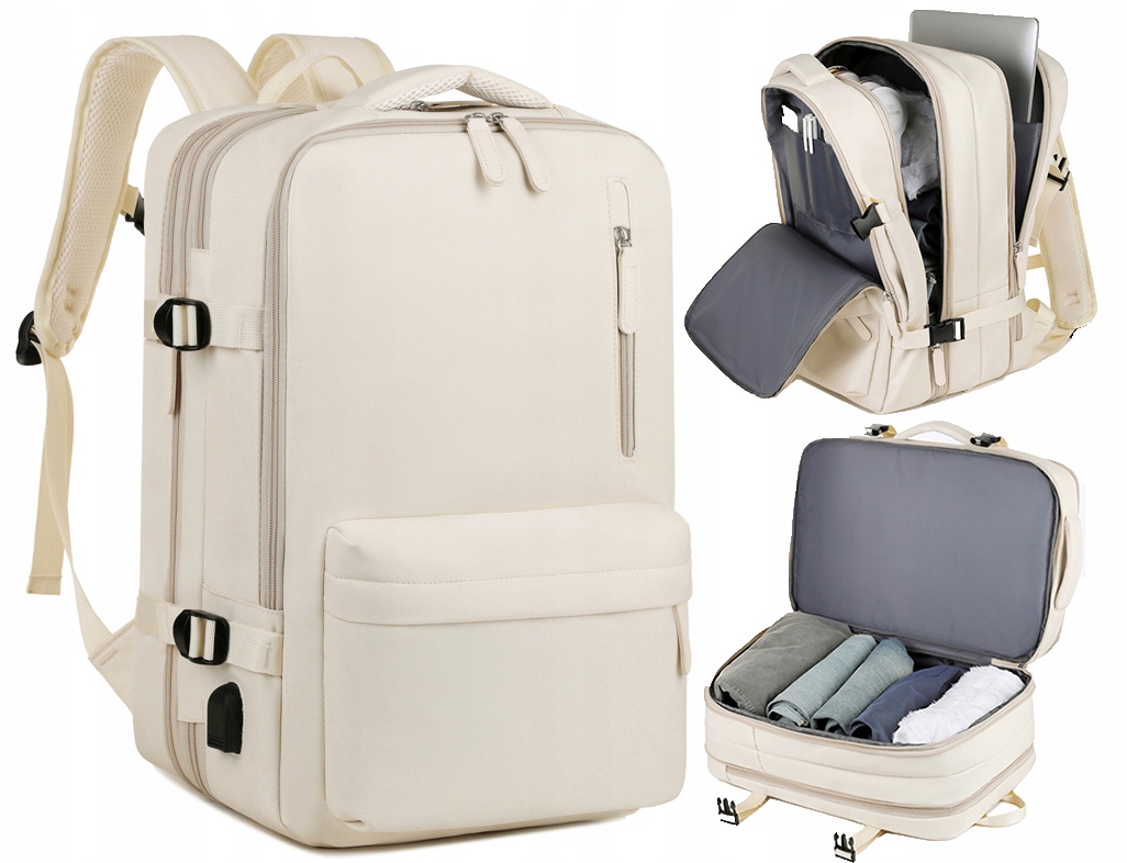 Plecak Podróżny Poszerzany Bagaż Beż Czarny damski do samolotu męski