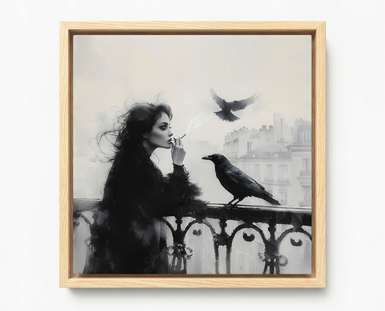 Obraz Rám Americký Box Město Terasa Žena Cigareta Pták Havran Mlha 50x50