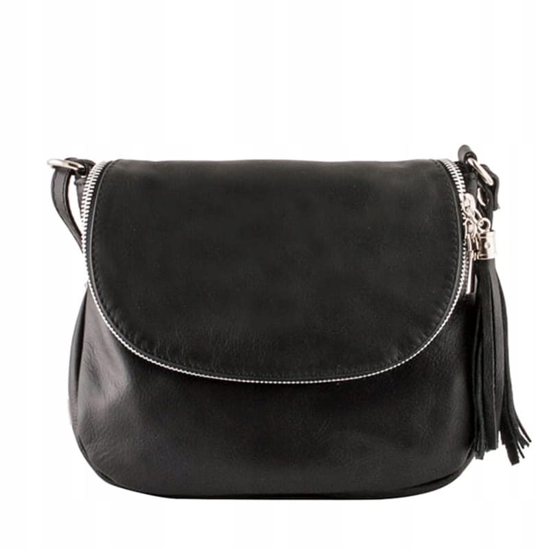 Włoska torebka skórzana listonoszka listonoszka z klapką z frędzlem czarna