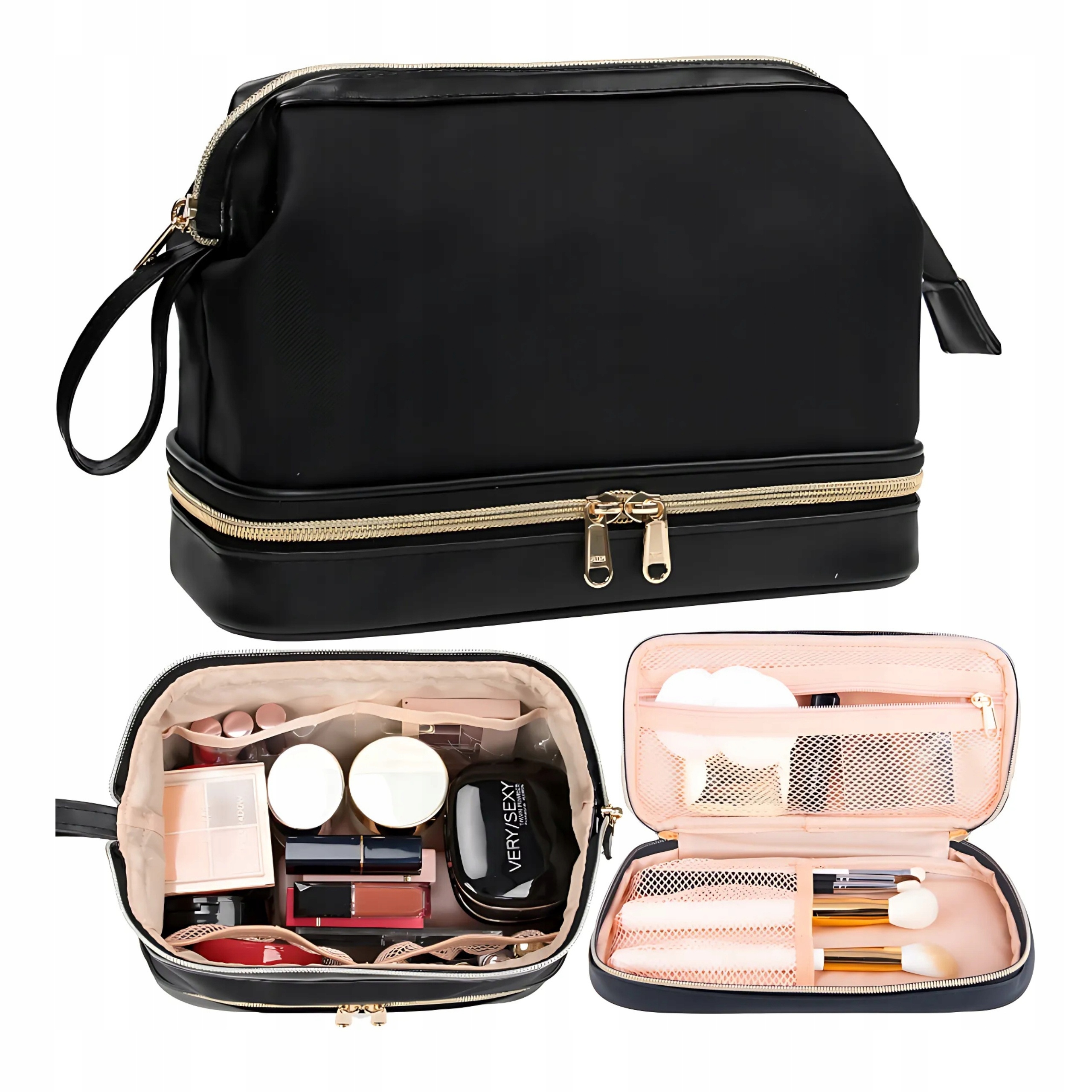 Kosmetyczka Damska Organizer Podróżny Czarna 2 Komory Zamek Błyskawiczny