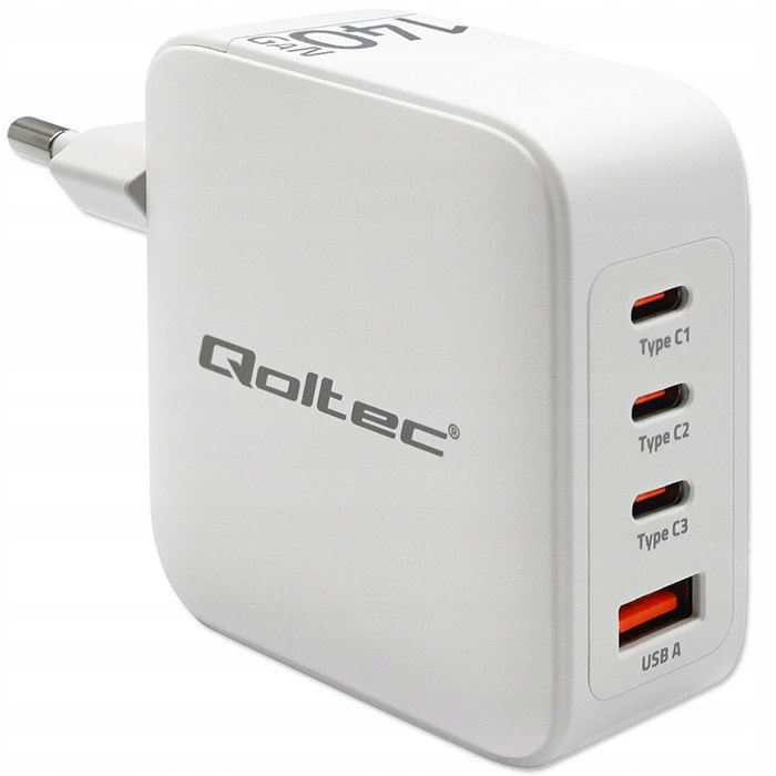 Qoltec Sieťová nabíjačka 140W GaN 5-20V 2.5-5A 3 x Usb-c Pd 1 x Us