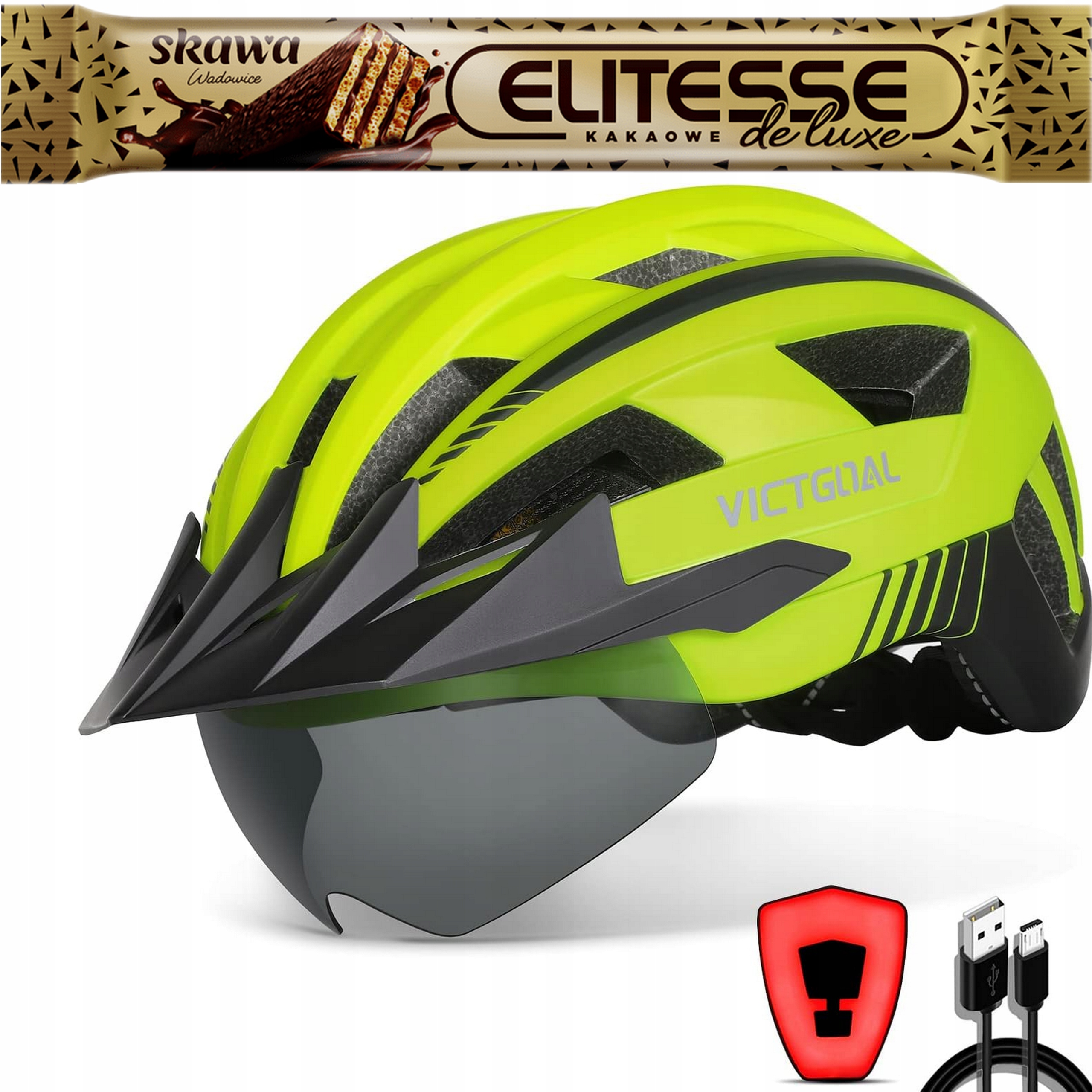 Cyklistická přilba Victgoal Mtb neonově žlutá s průzorem r.XL Led světlo 59-63 cm