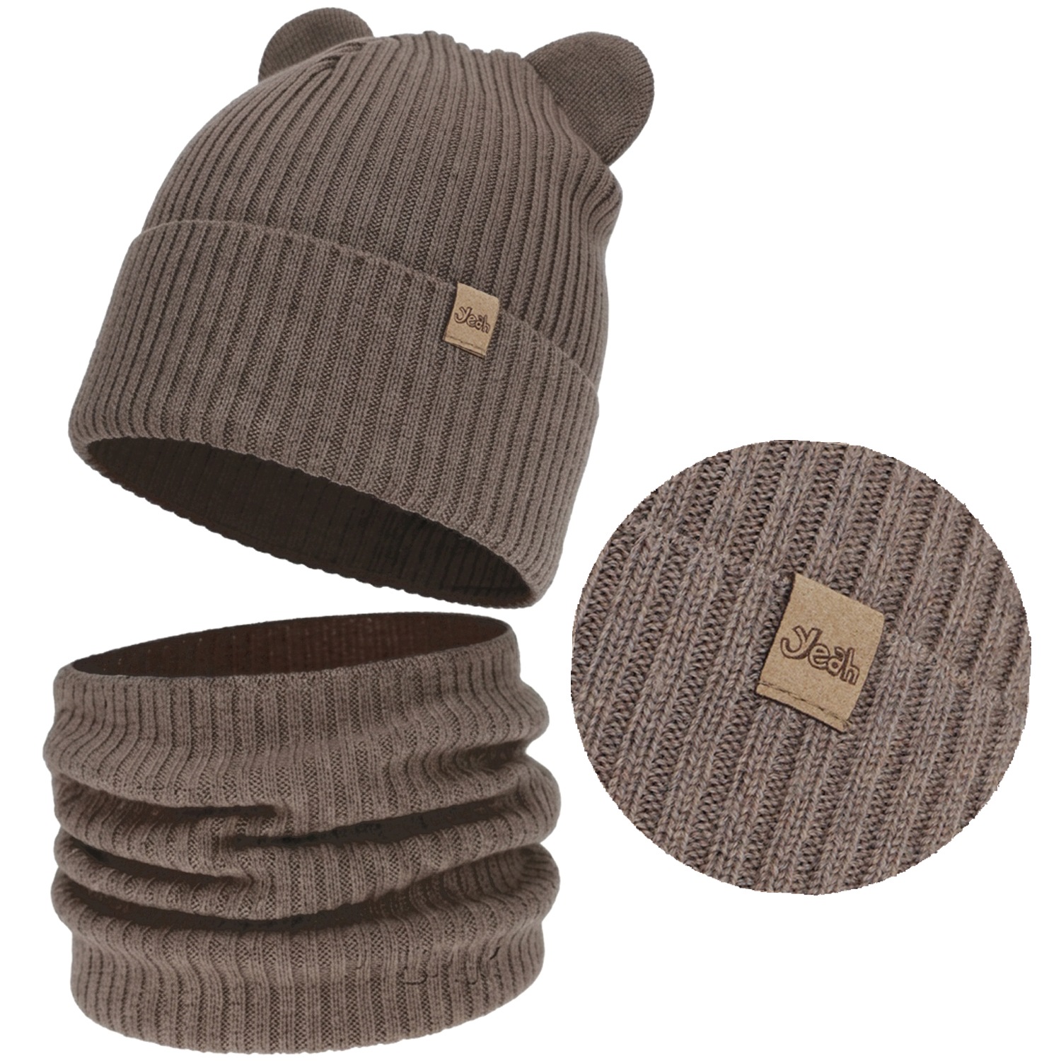 Beżowy Komplet Wełna Merino D03 Czapka Komin jesień wiosna Prążek r 52-54