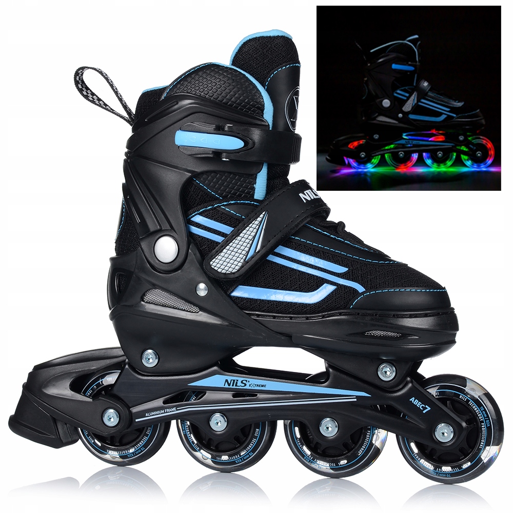 ŁYŻWOROLKI ROLKI DLA DZIECI DOROSŁYCH REGULOWANE KAUCZUKOWE KOŁA LED 39-42