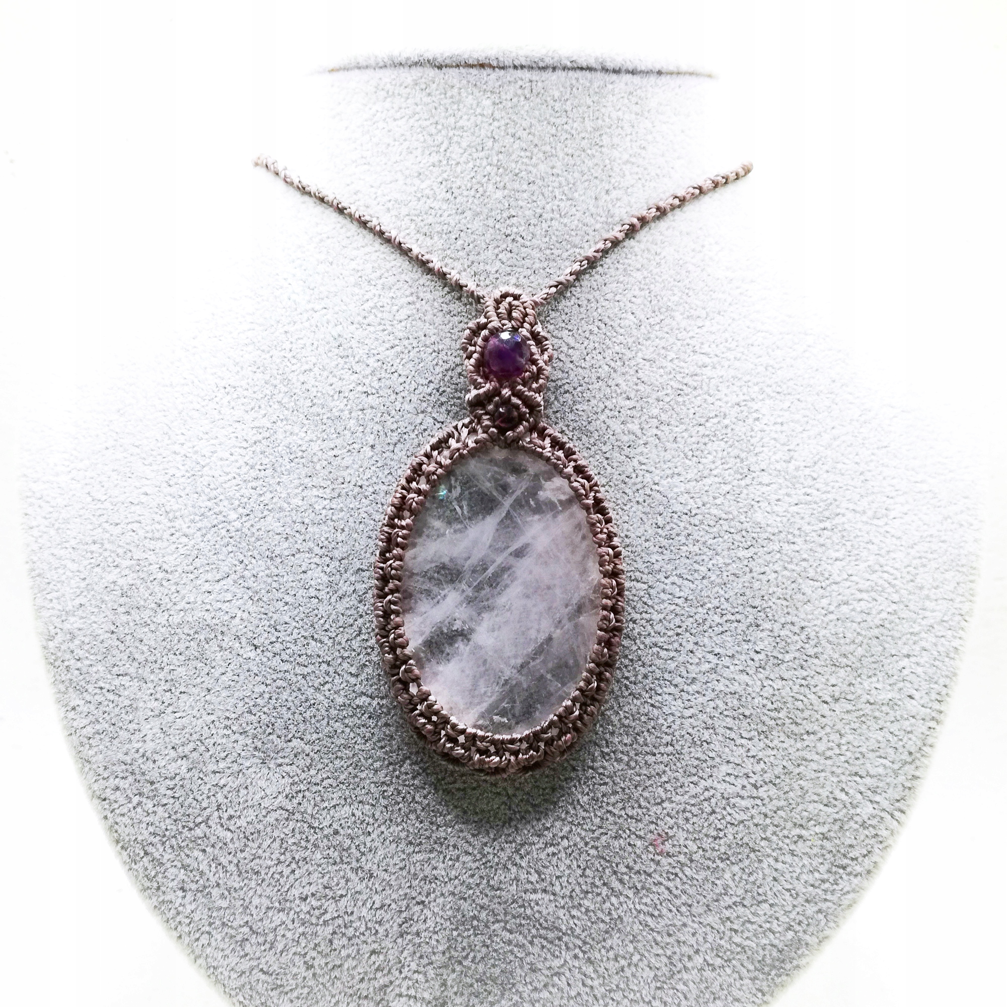 Zrcadlo pletený náhrdelník, křišťál horský fluorit mikro makramé