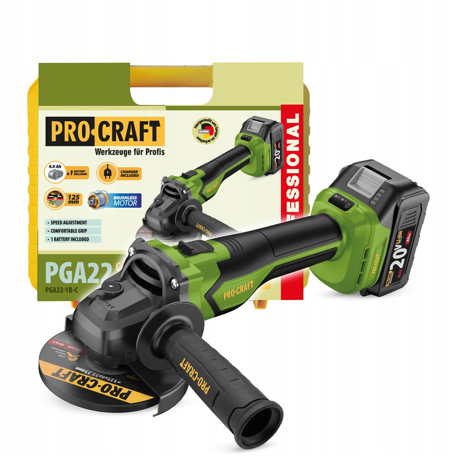 Procraft PGA22-1B Bezszczotkowa szlifierka kątowa 125mm 3 prędkości 20V 4Ah