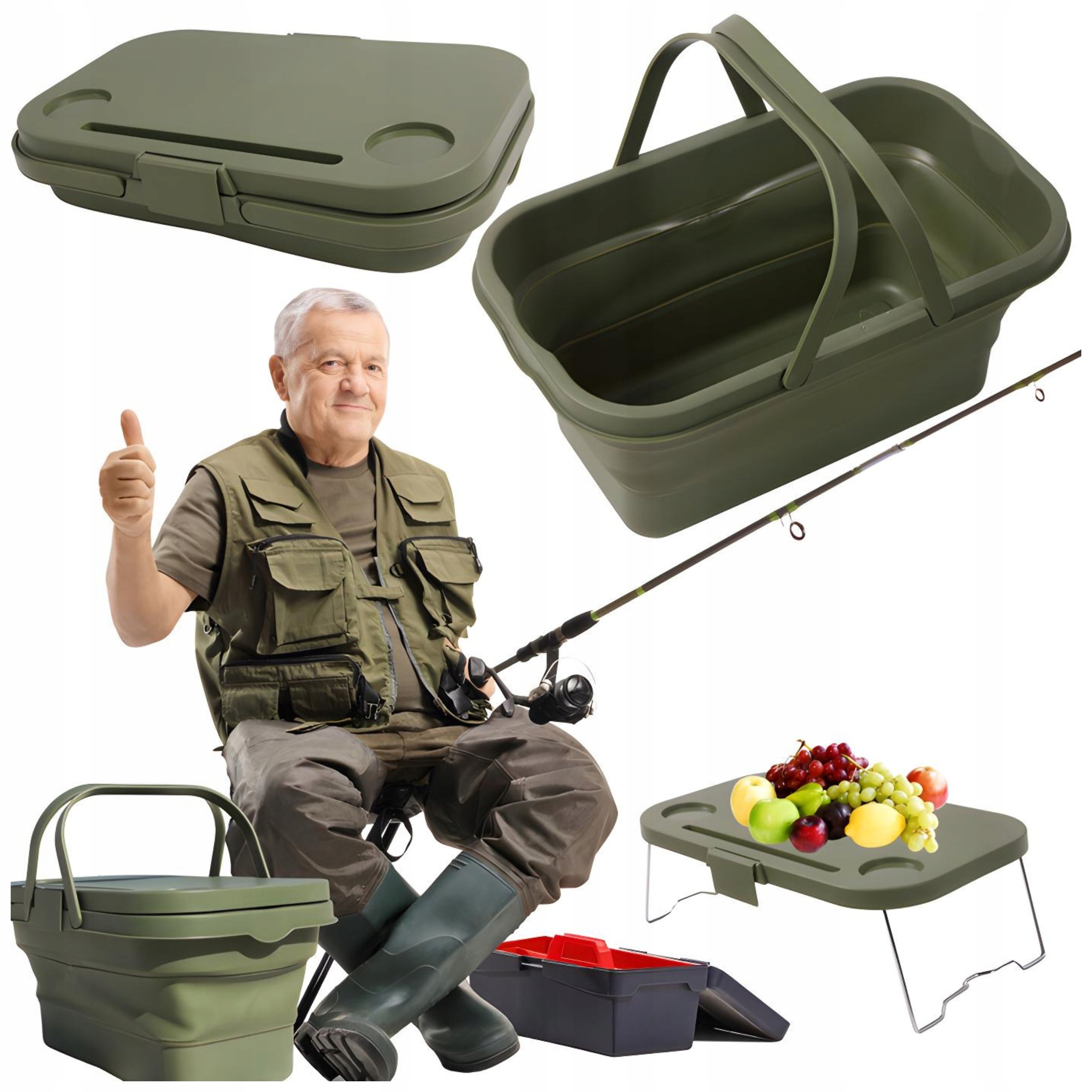 Kosz Silikonowy Składany 3W1 Pojemny Koszyk Z Uchwytami Kompaktowy Zielony