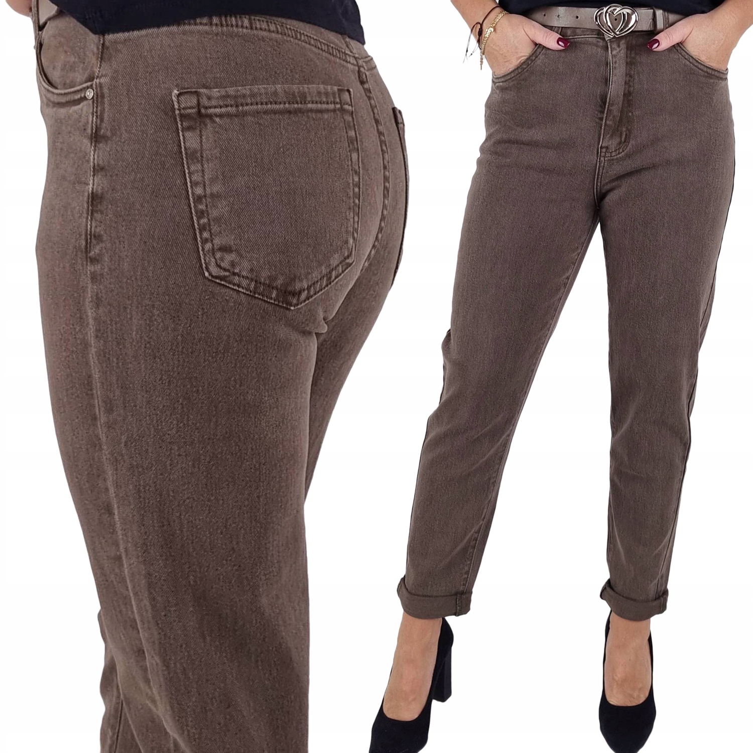 Damskie Spodnie Mom Fit Jeansy Wysoki Stan Luźne Nogawki Brązowe Czekolada