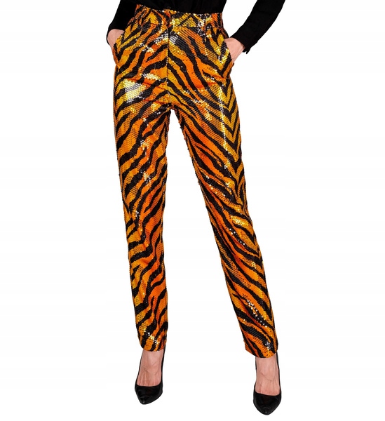 Dámské flitrové kalhoty se zvířecím motivem tygra oranžové S