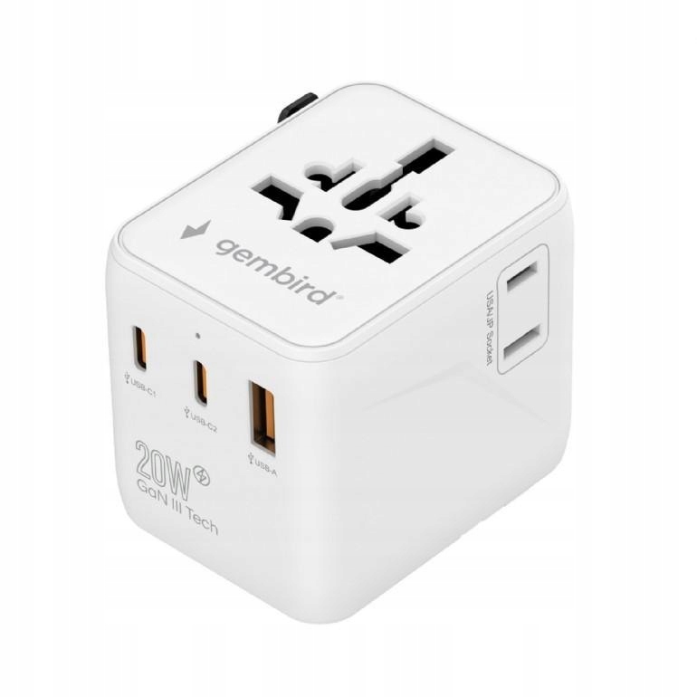 Uniwersalny adapter zasilania Gembird TPA-1A2C20-01-W z ładowarką 2x Usb-c,