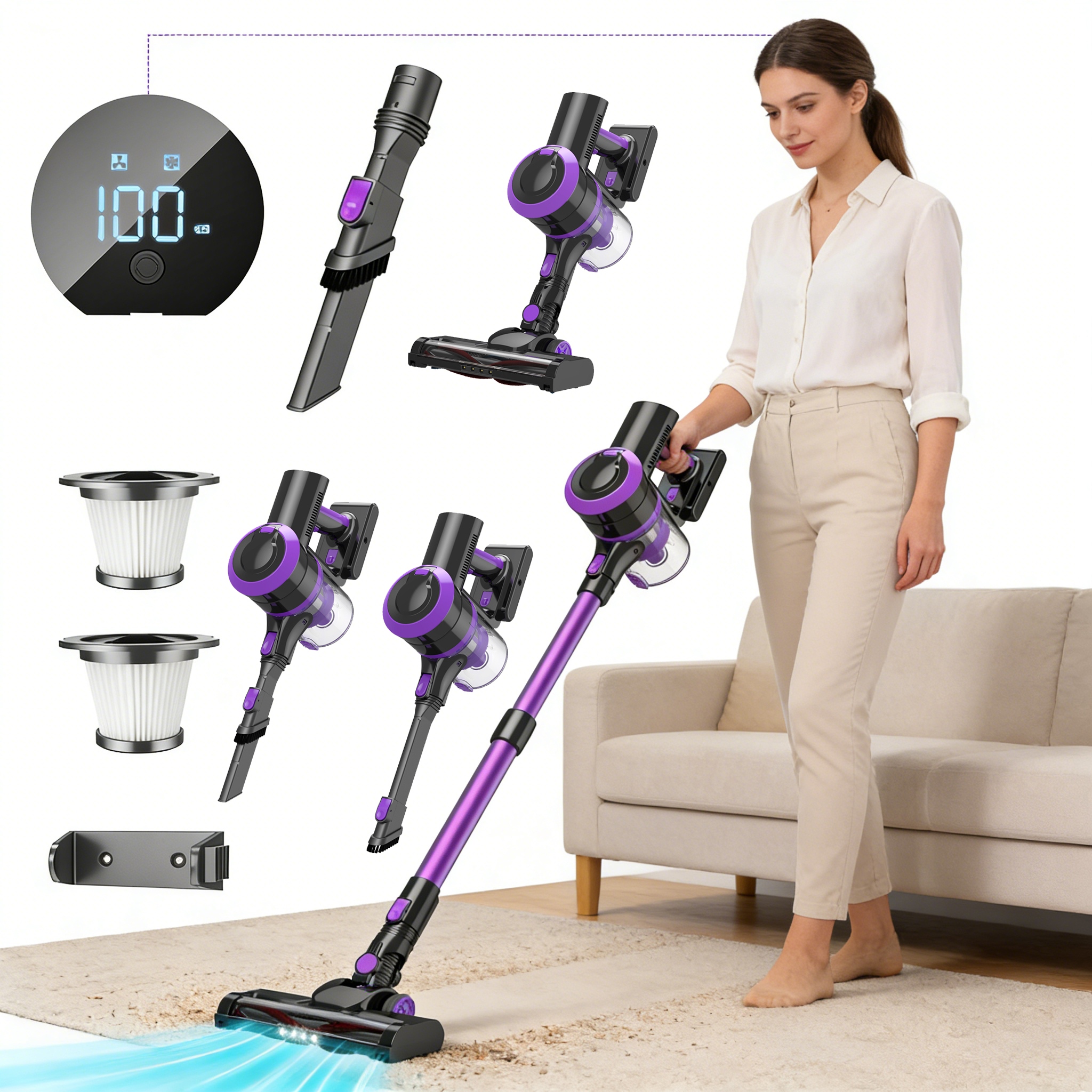 Tyčový Vysavač Bezdrátový Ruční Bezsáčkový Vysavač 400W +2V1 Krátký Kartáč