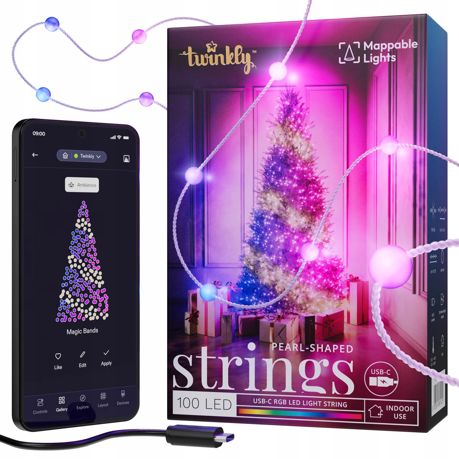 Twinkly Strings Usb Candies 100 Led Rgb, perly, 6 m, zelené opletenie, Usb-c