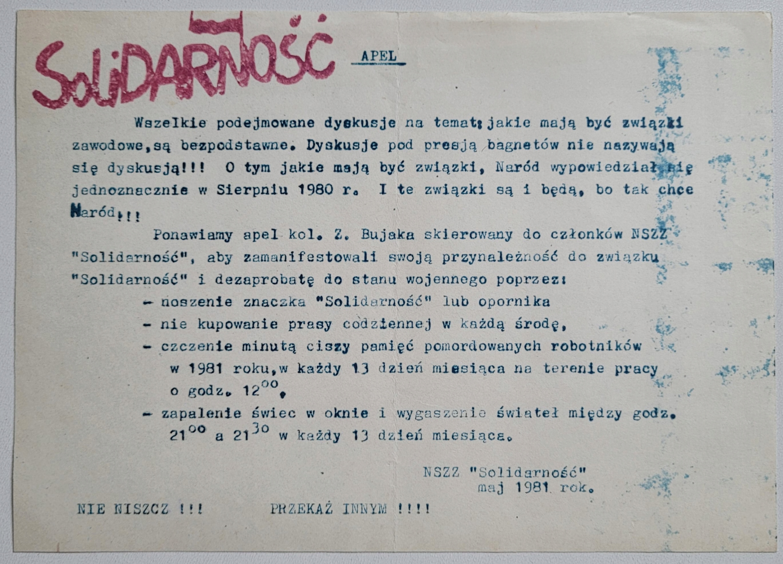 Apel Solidarność maj 1981 rok / ulotka