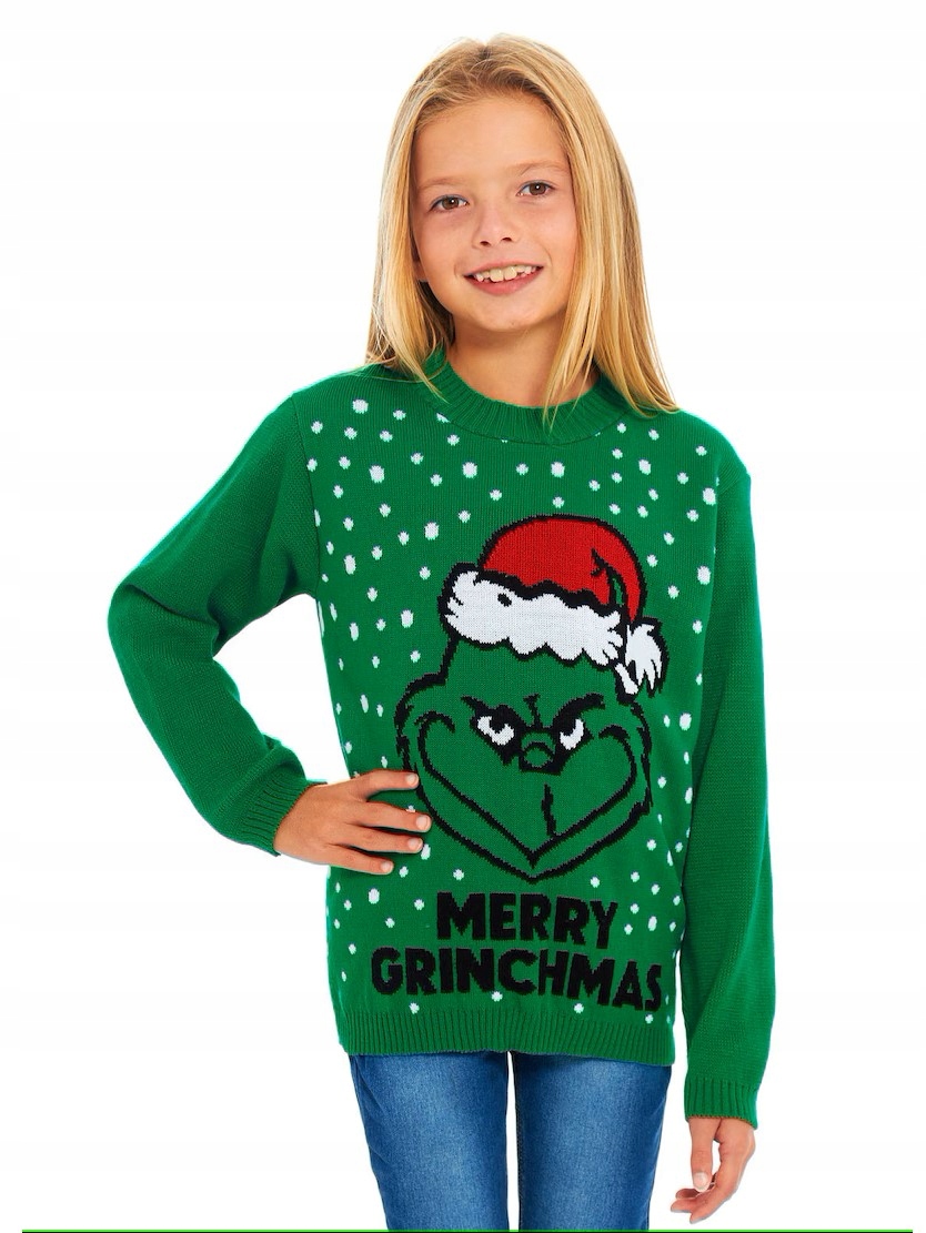 DZIECIĘCY ŚWIĄTECZNY SWETER ZIELONY GRINCH NA ŚWIĘTA ŚWIĄTECZNE KIDS 9/10 Rozmiar (new) 134 (129 - 134 cm)
