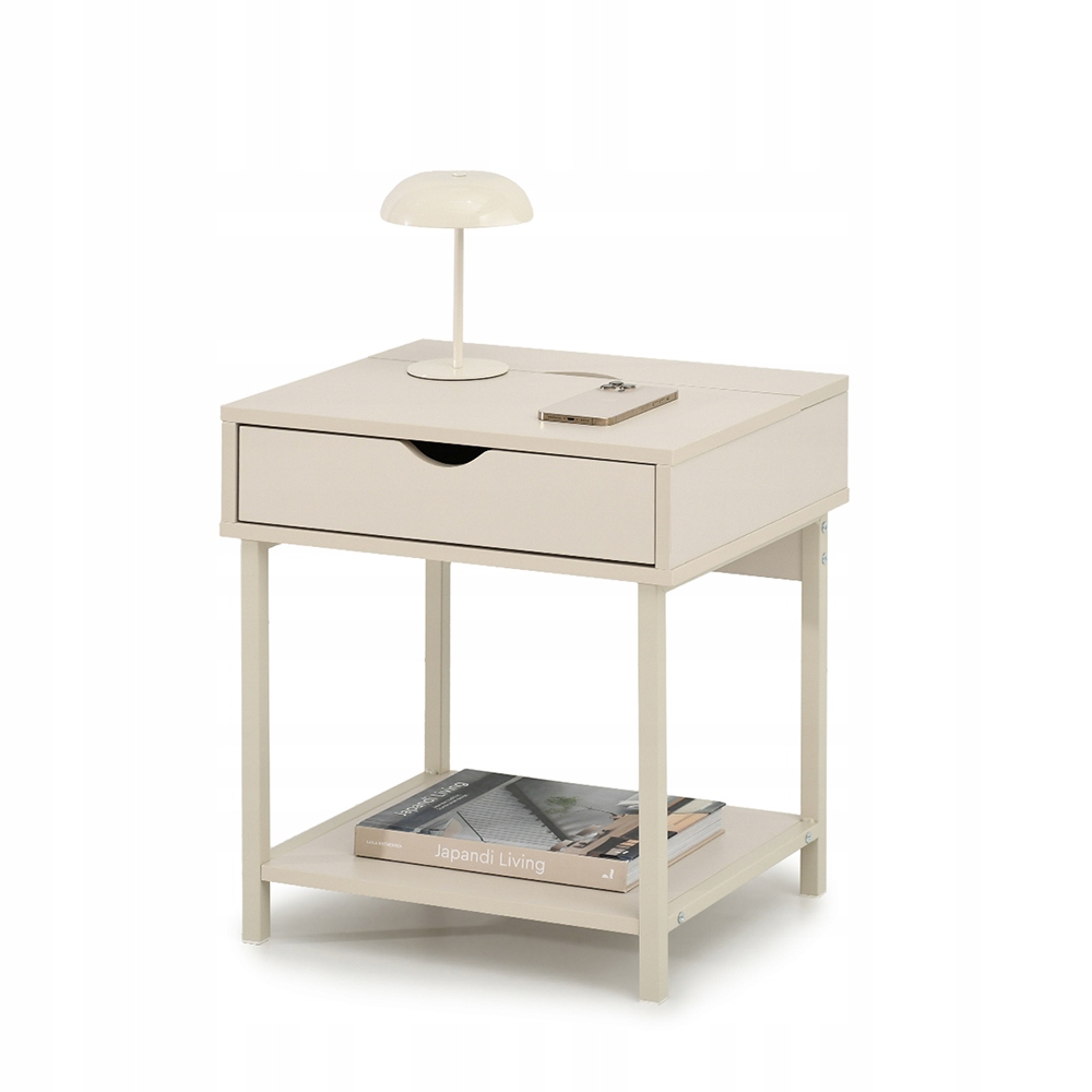 MODNY STOLIK NOCNY SZAFKA Z PÓŁKĄ SZUFLADĄ GNIAZKIEM I PORTEM USB EMMA KREM