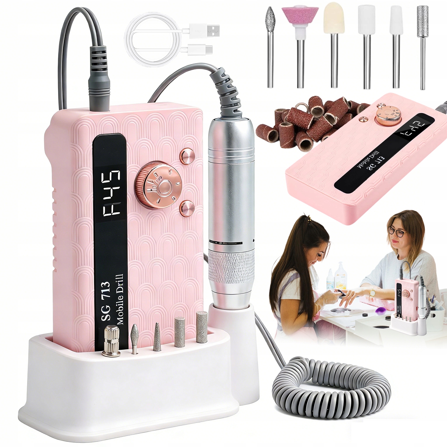 Bruska Na Nehty Elektrická Rychlá 45000 Rpm Pro Manikúru Led Růžová