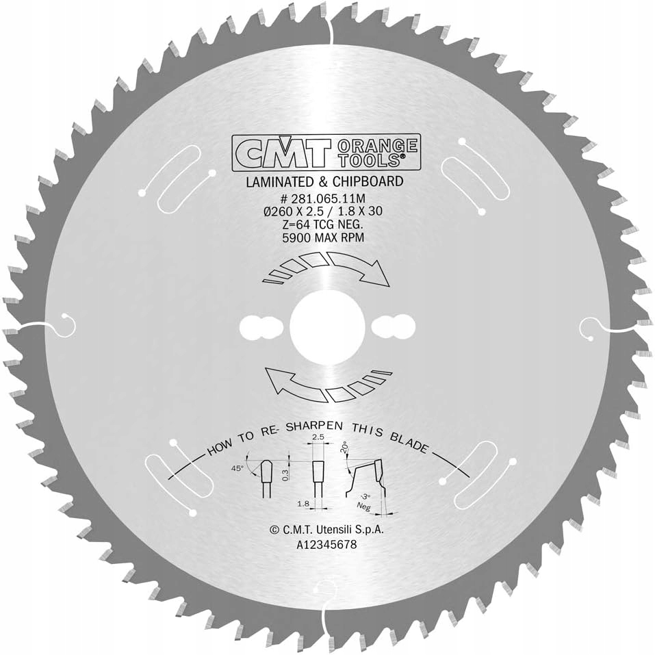 Cmt Piła do płyty Mdf 260x30x64Z -3° Negatyw