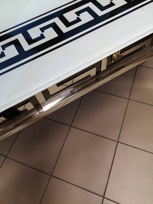 KONSOLA F375 150x45x80 BIAŁA SZKŁO STAL ORNAMENT