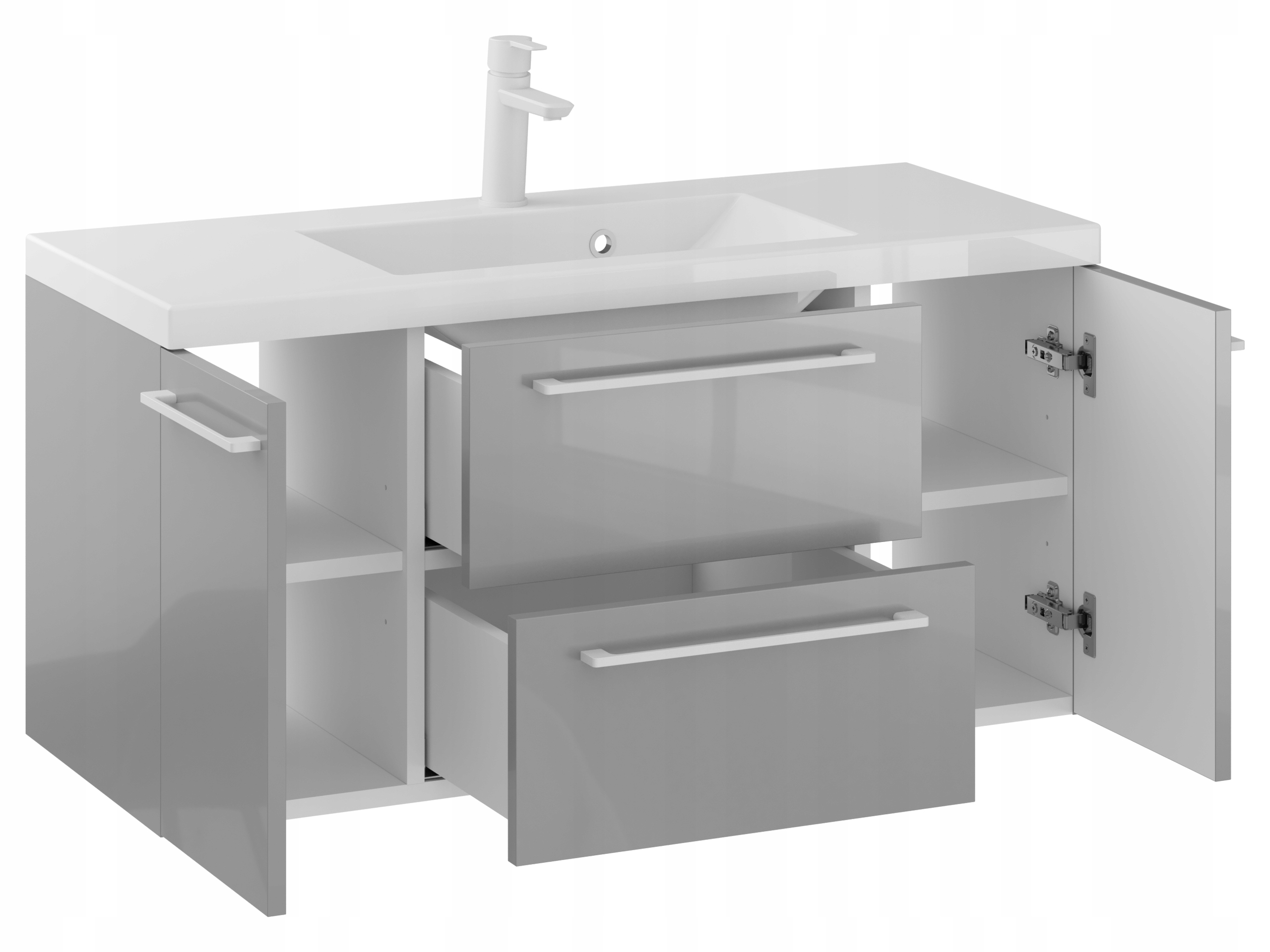 Szafka Z Umywalką RON 100 cm D - Szary Wysoki Połysk - Uchwyty Białe Mat Marka bez marki