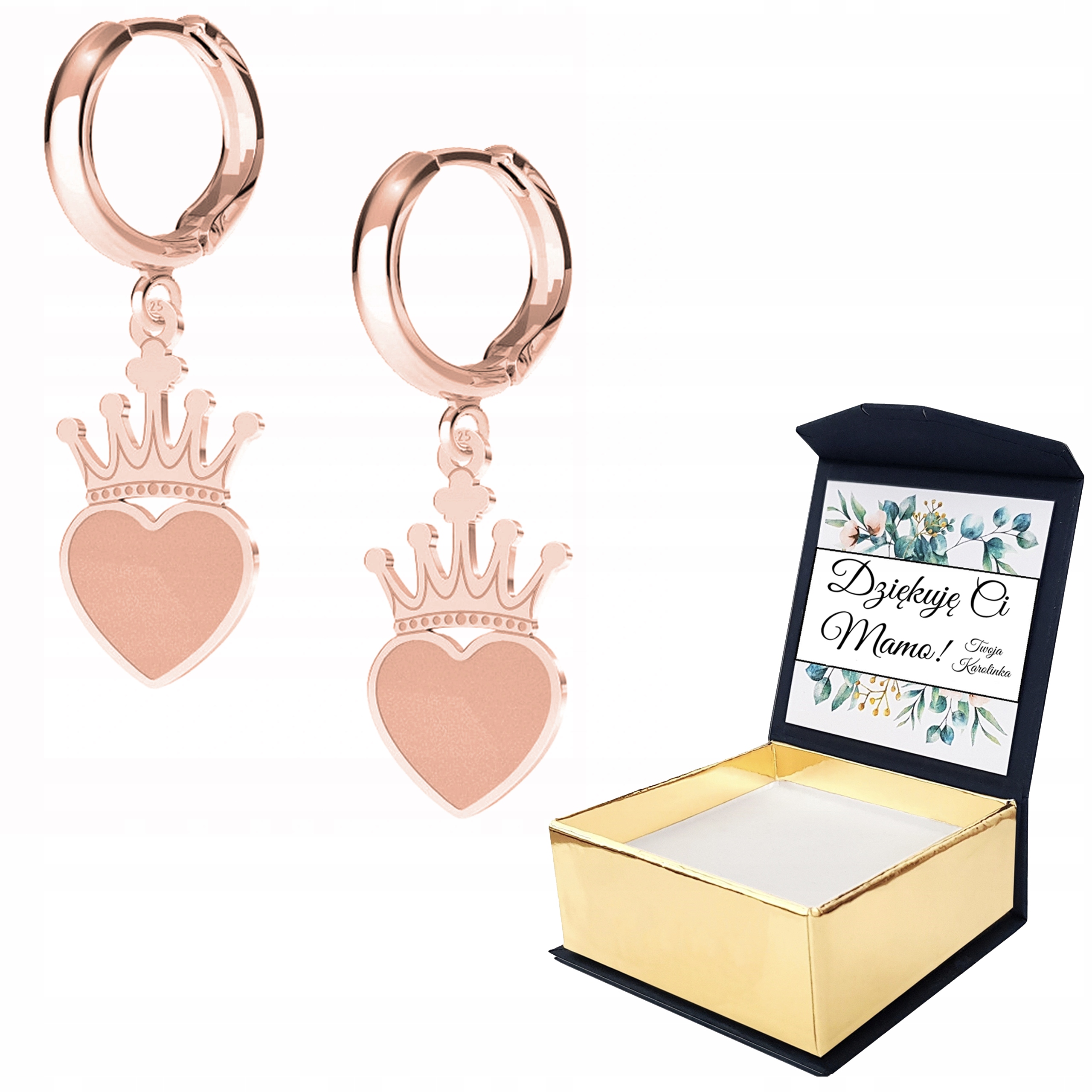 Náušnice růžové zlato Korunka Srdce Vlastní Potisk