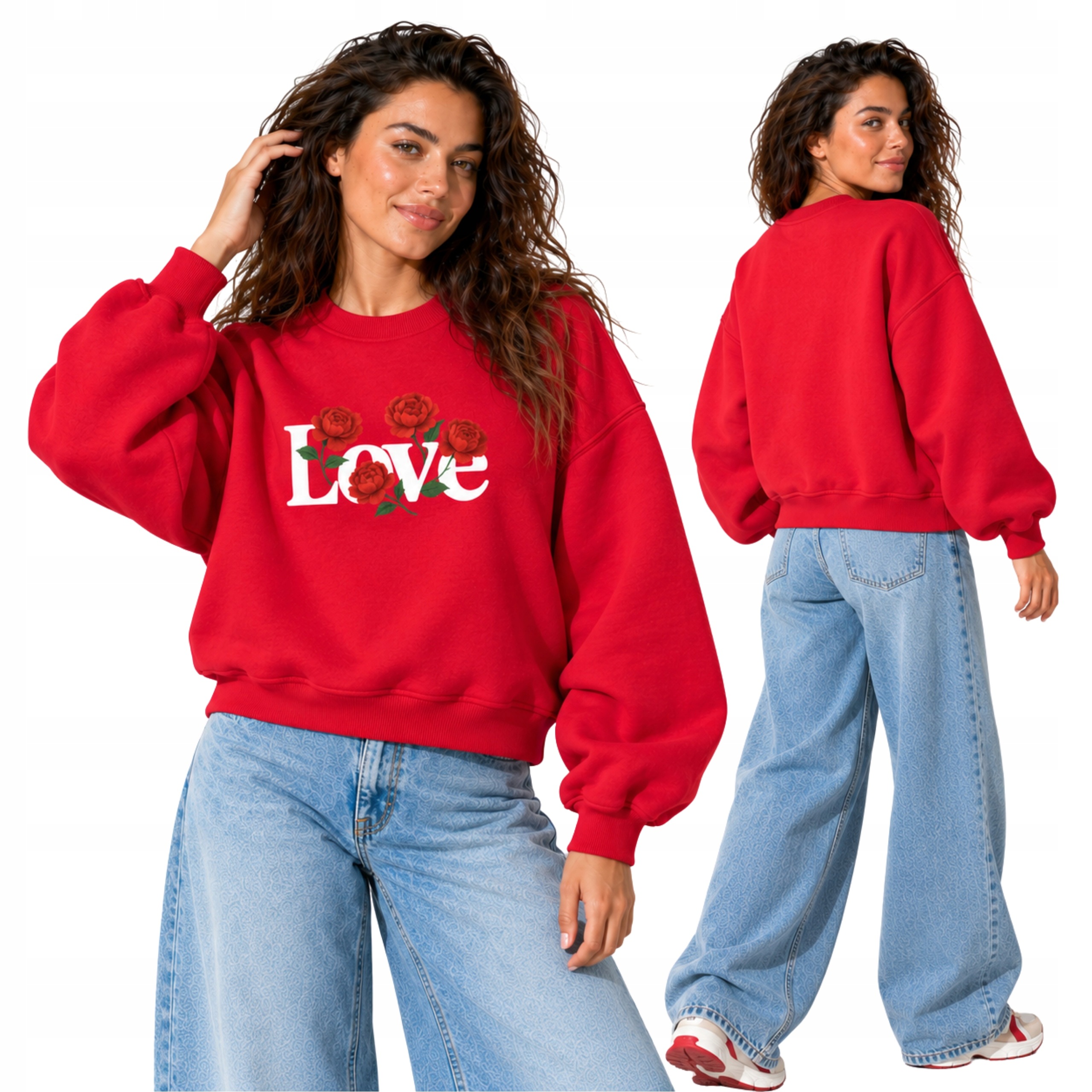 Mikina Červená Oversize Love Růže Bavlněná Teplá 320G One Size