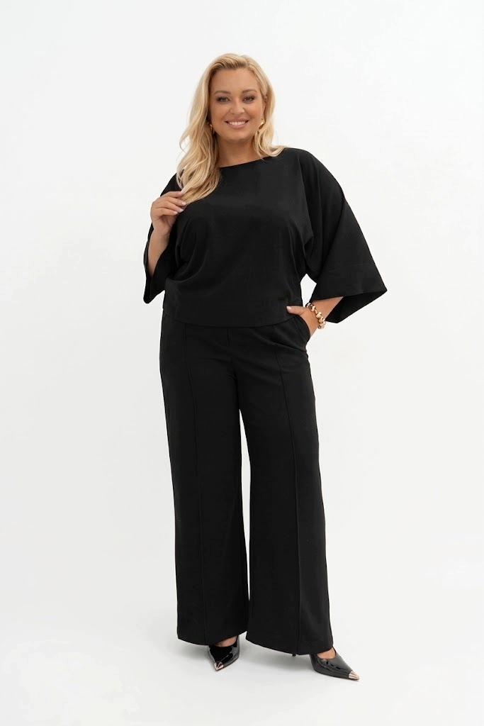 N1037 Elegantní komplet, halenka s kalhotami, velikost plus size, velikost 42, černá