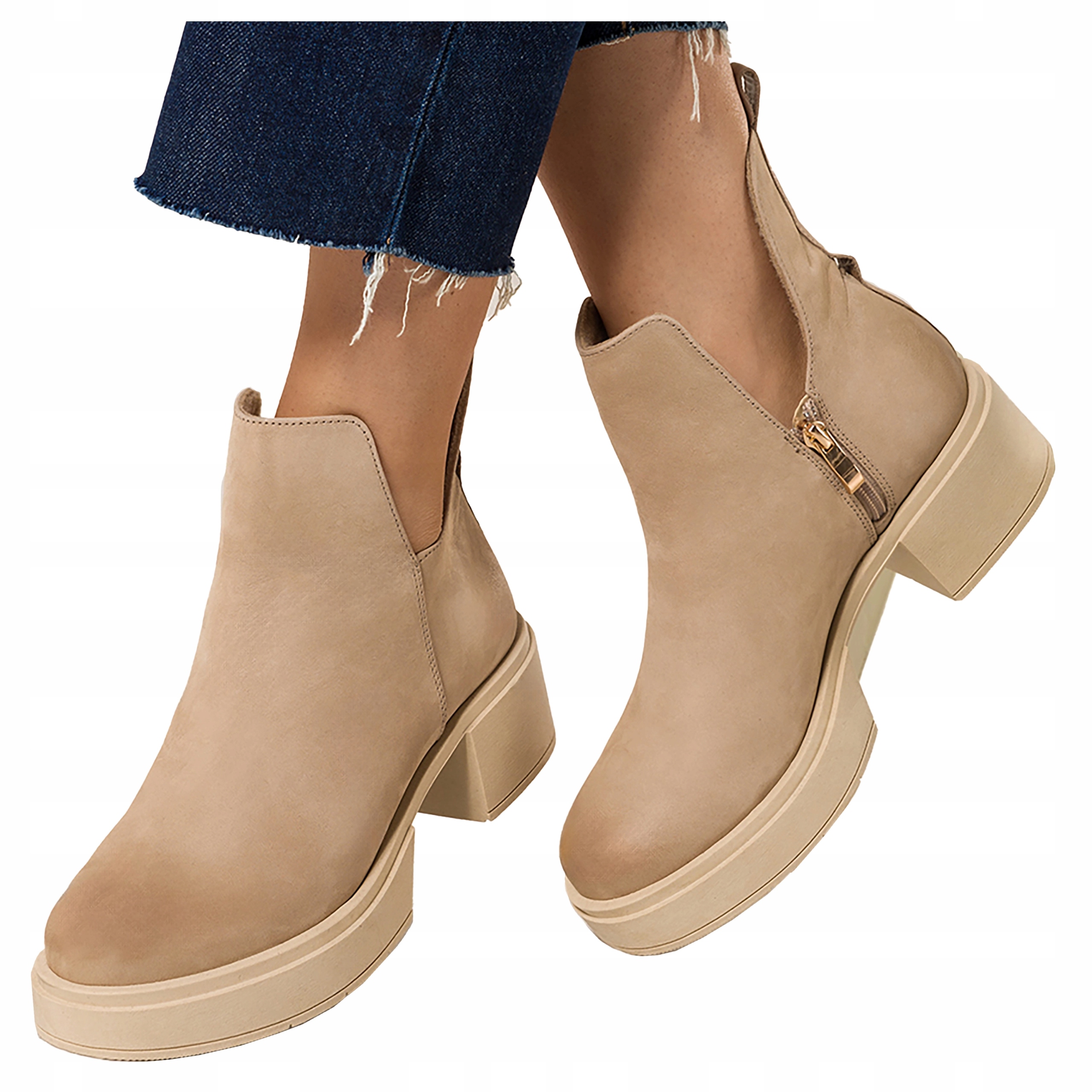 Kotníkové Boty Kožené Dámské Béžové Na Platformě Výřezy Polský vel. 37